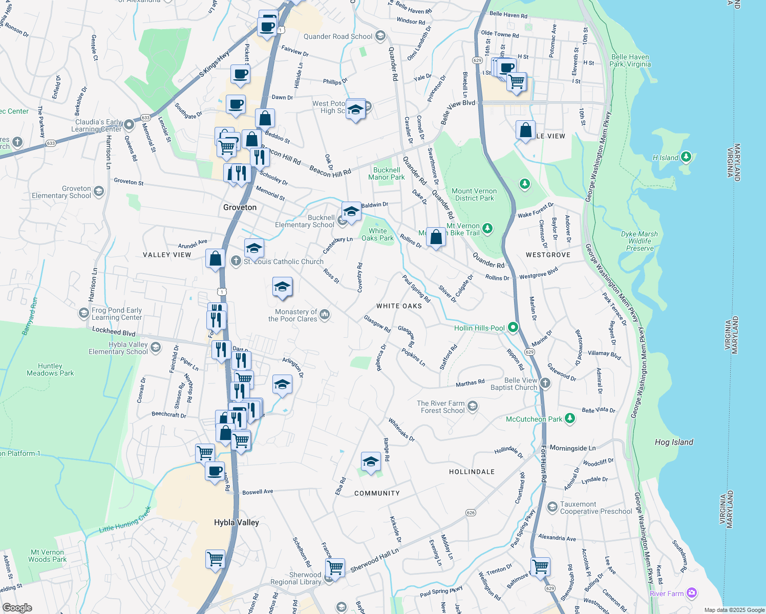 map of restaurants, bars, coffee shops, grocery stores, and more near 7117 Devonshire Road in Alexandria