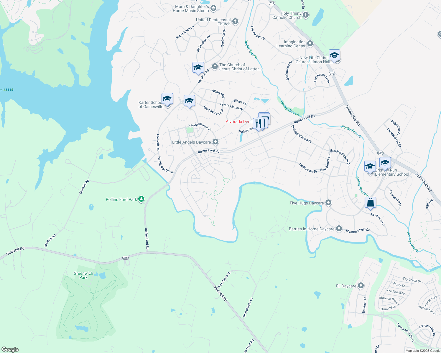 map of restaurants, bars, coffee shops, grocery stores, and more near 9036 Woodpecker Court in Gainesville