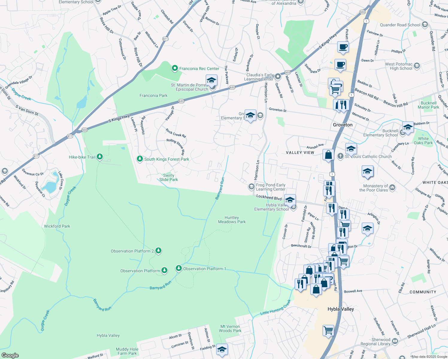map of restaurants, bars, coffee shops, grocery stores, and more near 7226 Parson's Ct in Alexandria