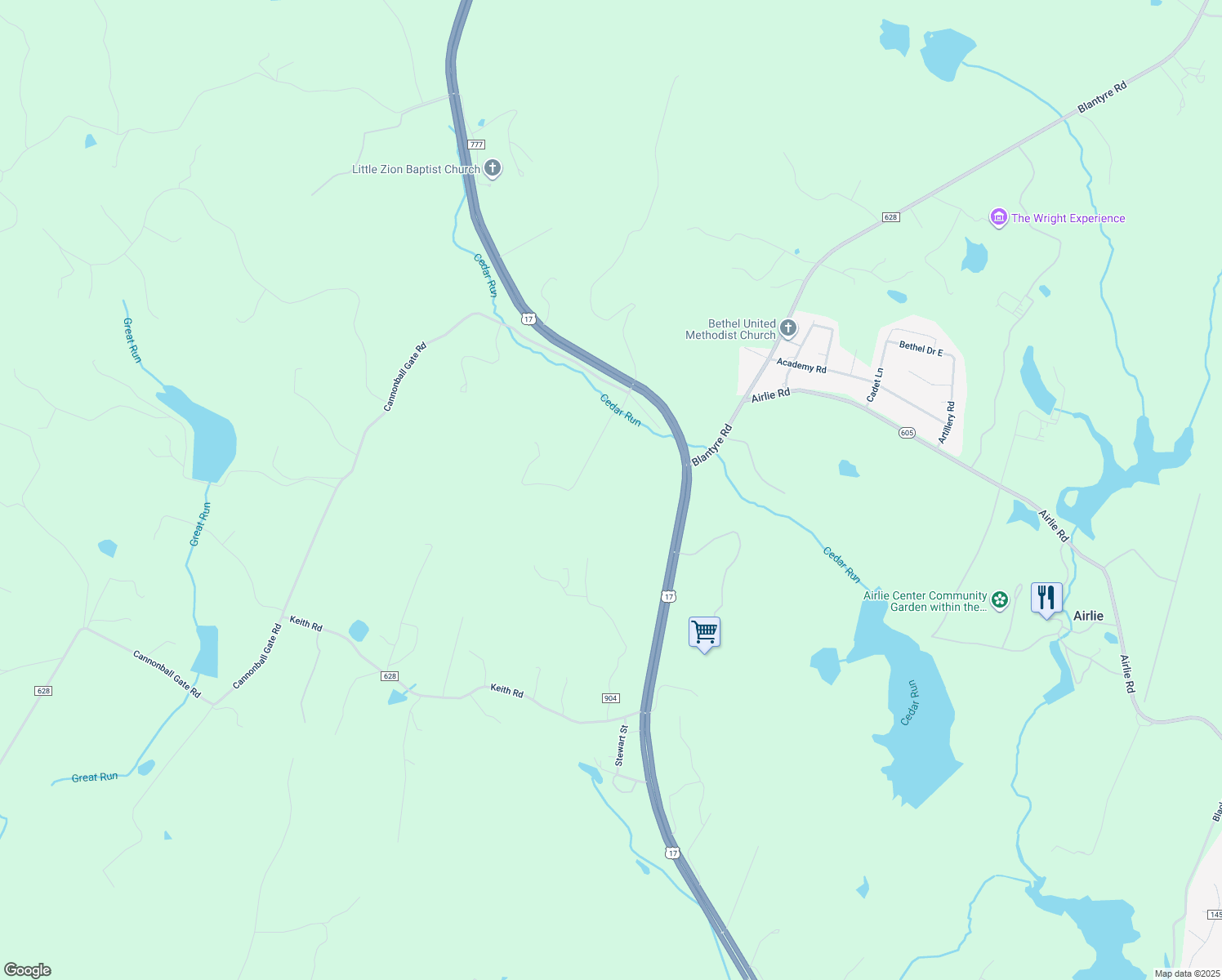 map of restaurants, bars, coffee shops, grocery stores, and more near 6509 Watery Mountain Road in Warrenton