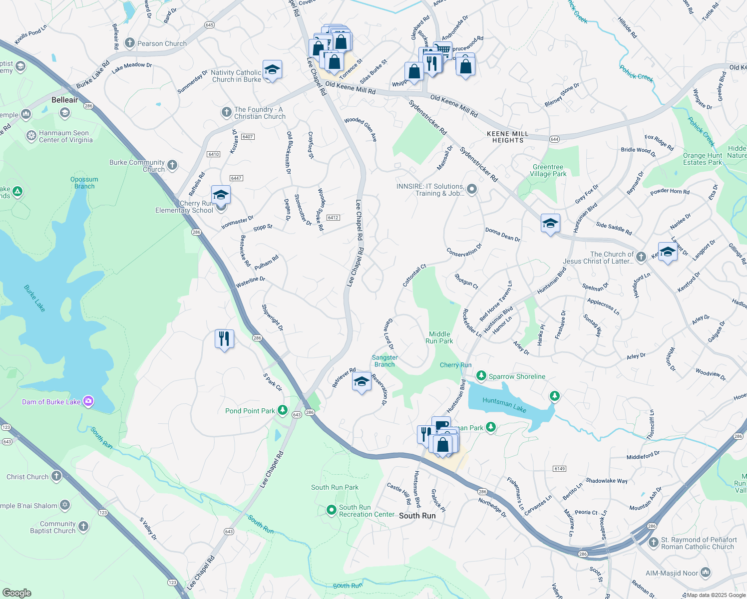 map of restaurants, bars, coffee shops, grocery stores, and more near 9430 Onion Patch Drive in Burke