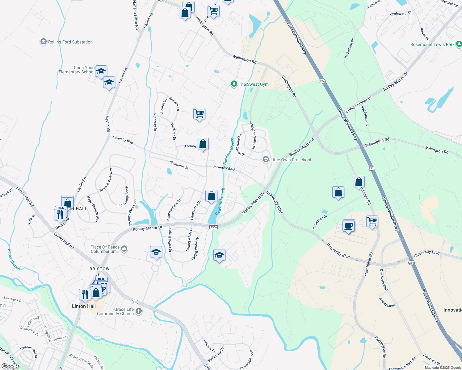 map of restaurants, bars, coffee shops, grocery stores, and more near 9017 Brewer Creek Place in Manassas