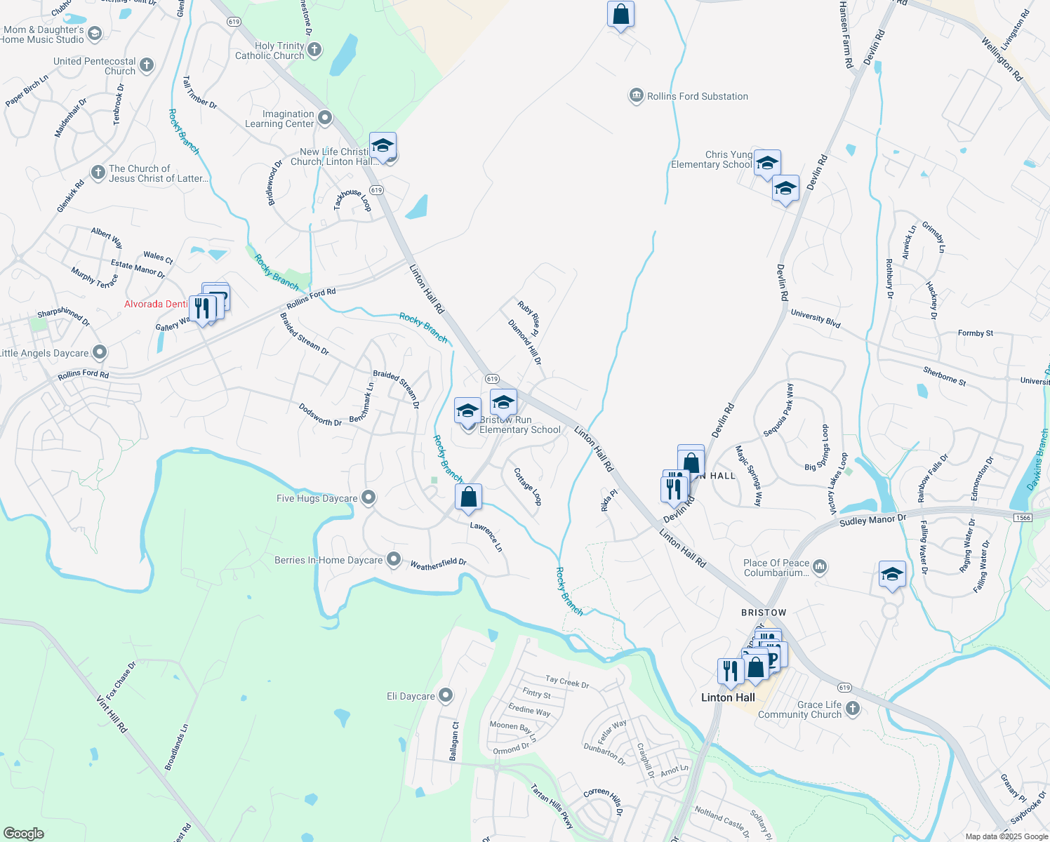 map of restaurants, bars, coffee shops, grocery stores, and more near 13170 Flynn Court in Bristow