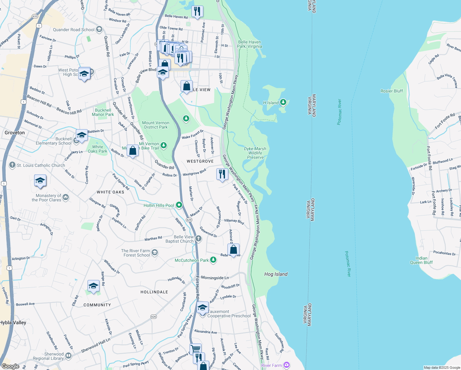 map of restaurants, bars, coffee shops, grocery stores, and more near 7116 Park Terrace Drive in Alexandria