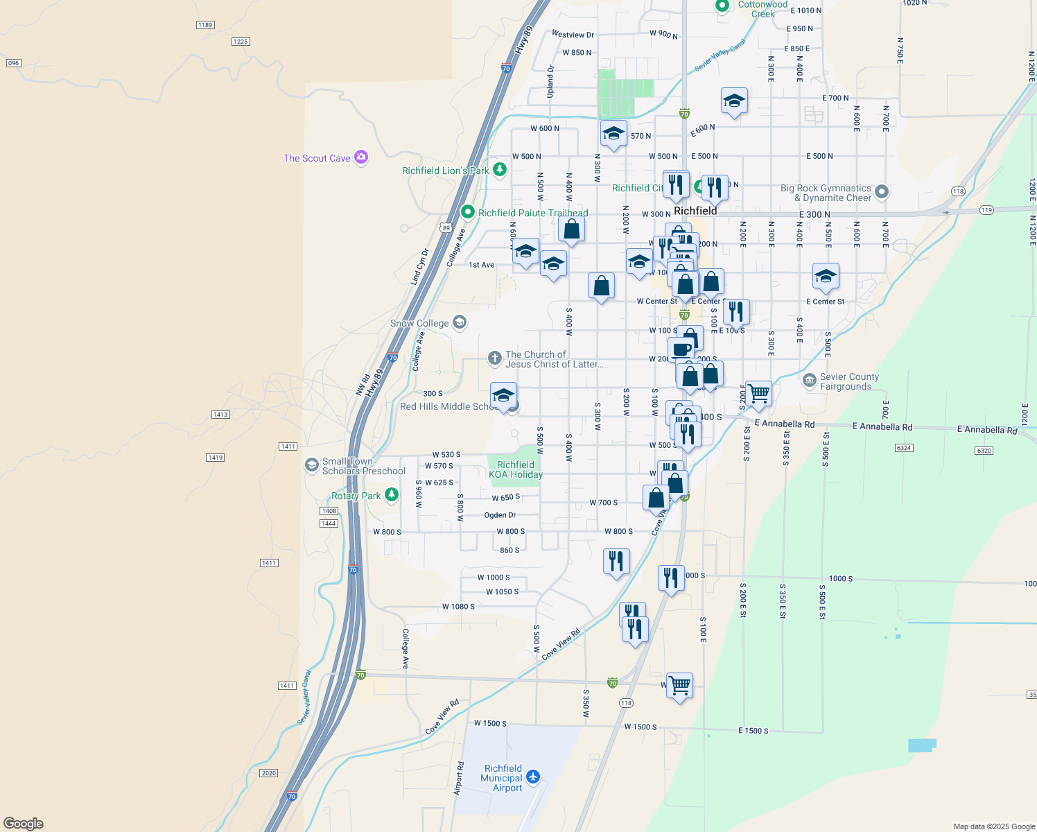 map of restaurants, bars, coffee shops, grocery stores, and more near 399 South 600 West in Richfield