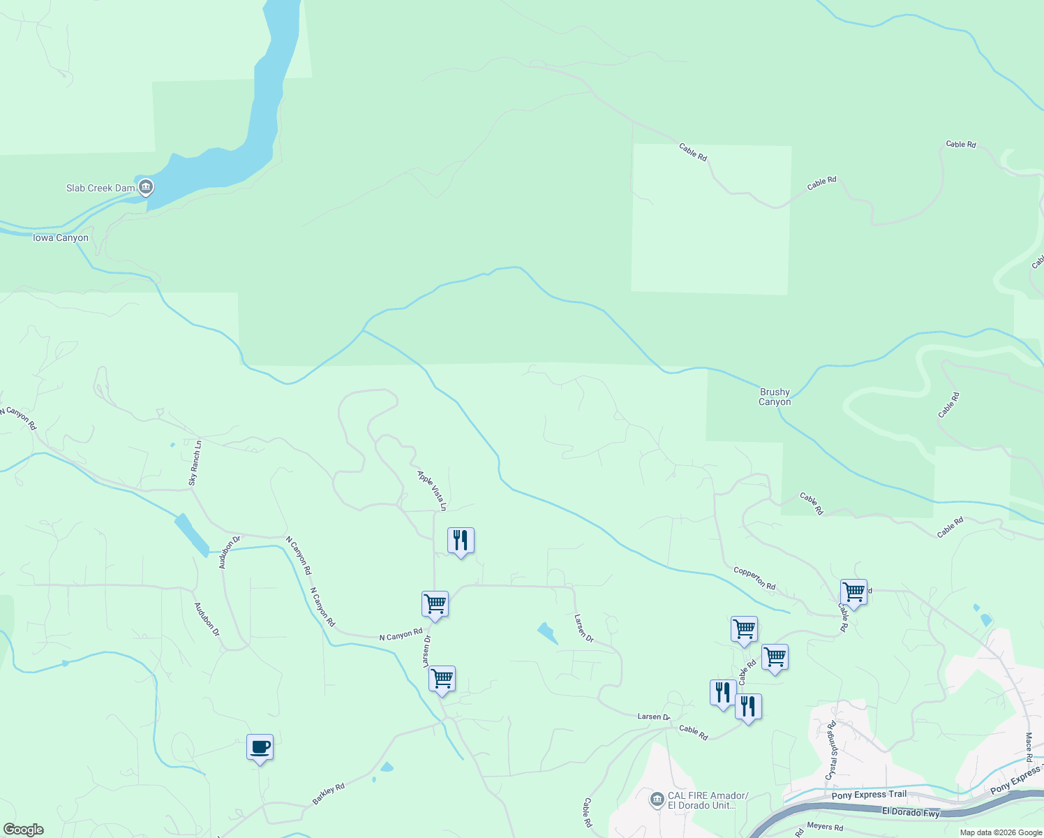 map of restaurants, bars, coffee shops, grocery stores, and more near 2080 Nelson Road in Camino