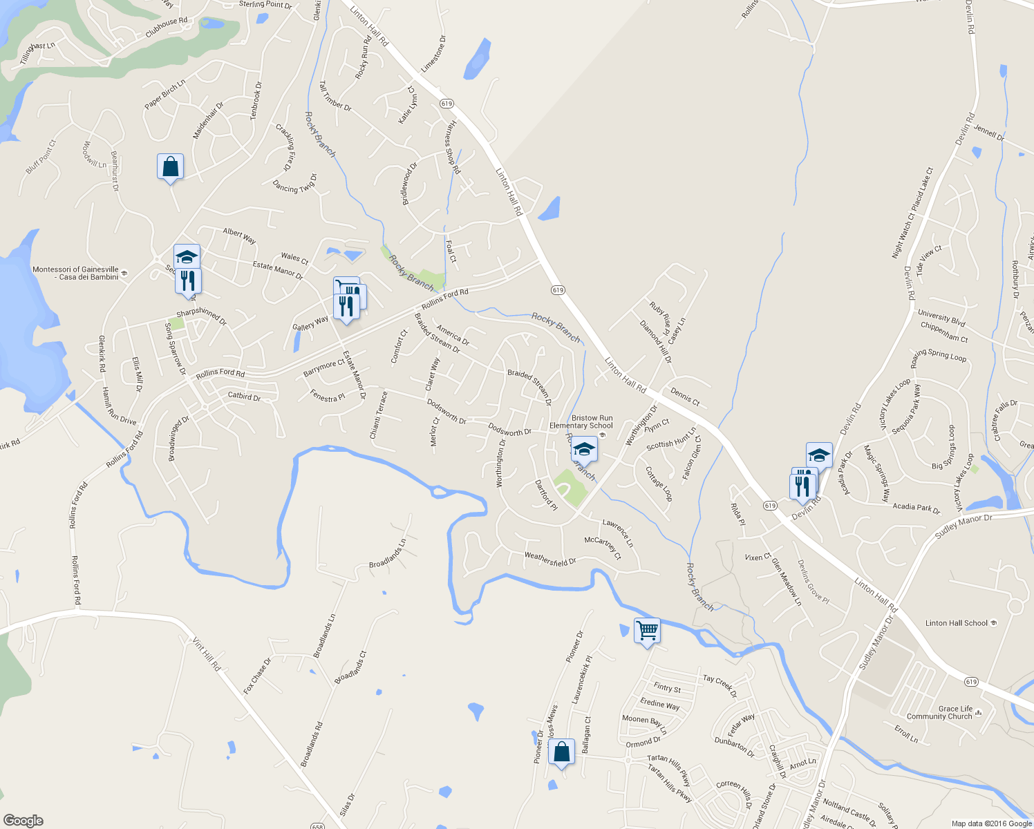 map of restaurants, bars, coffee shops, grocery stores, and more near 13501 Grouserun Lane in Bristow