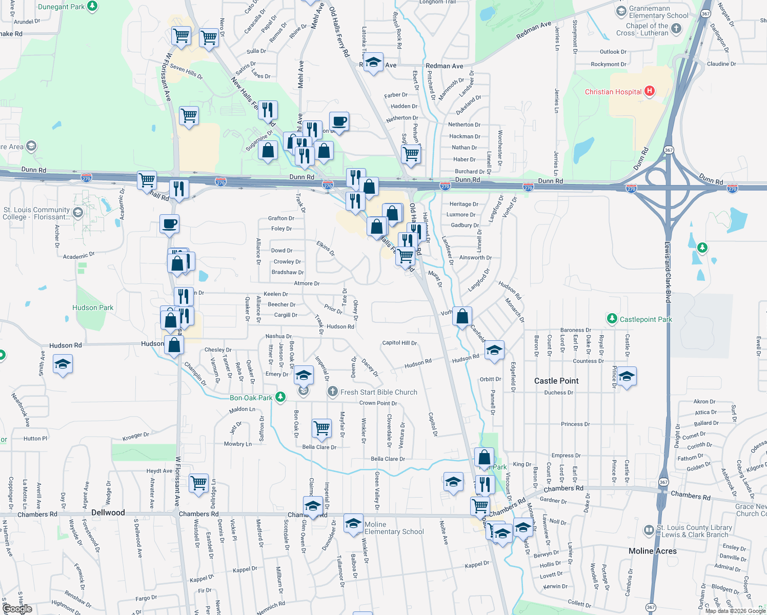 map of restaurants, bars, coffee shops, grocery stores, and more near 2112 Old Manor Road in Saint Louis