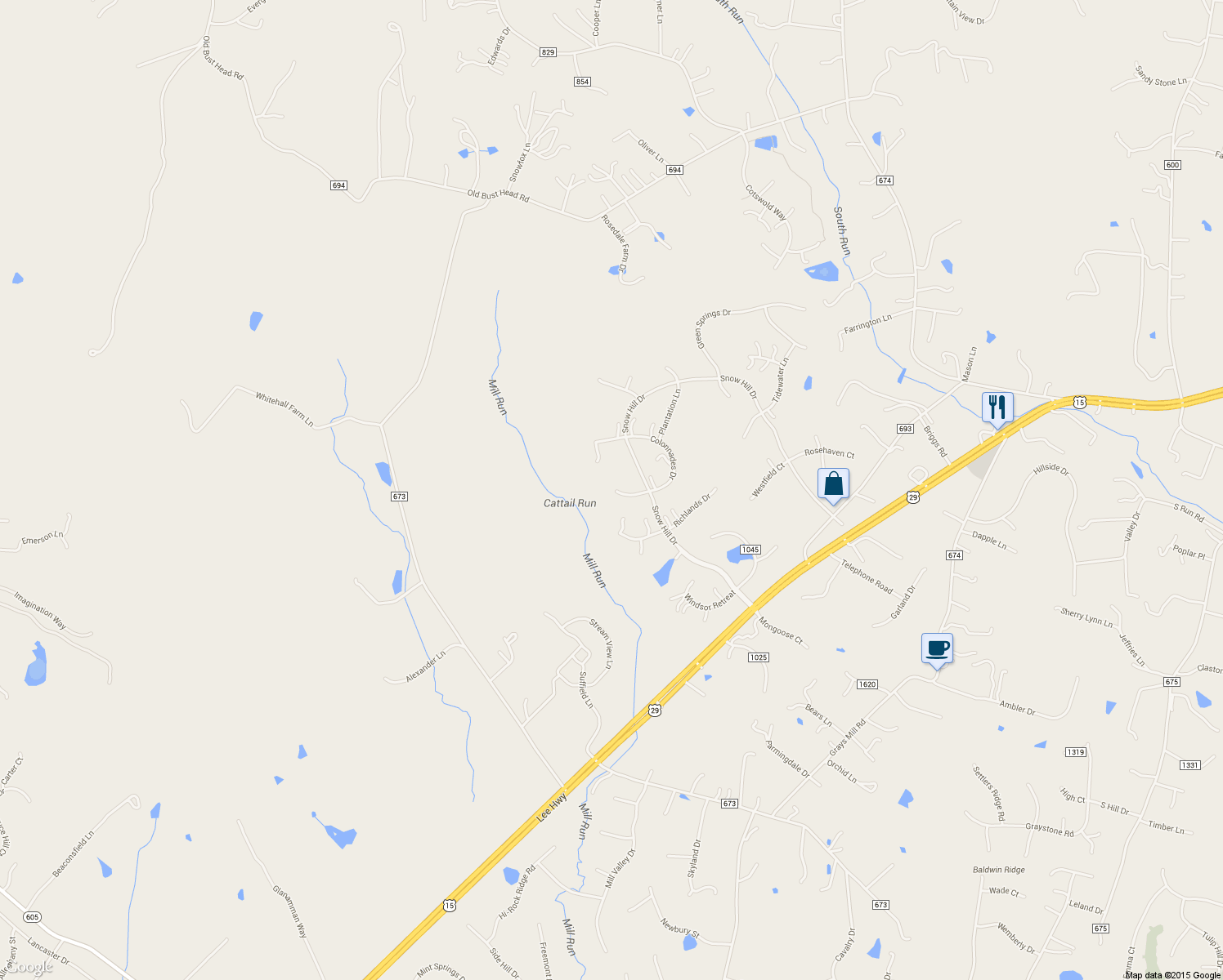 map of restaurants, bars, coffee shops, grocery stores, and more near 5865 University Court in Warrenton
