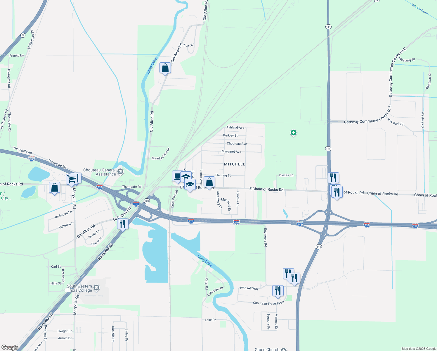 map of restaurants, bars, coffee shops, grocery stores, and more near 539 Fleming Street in Granite City