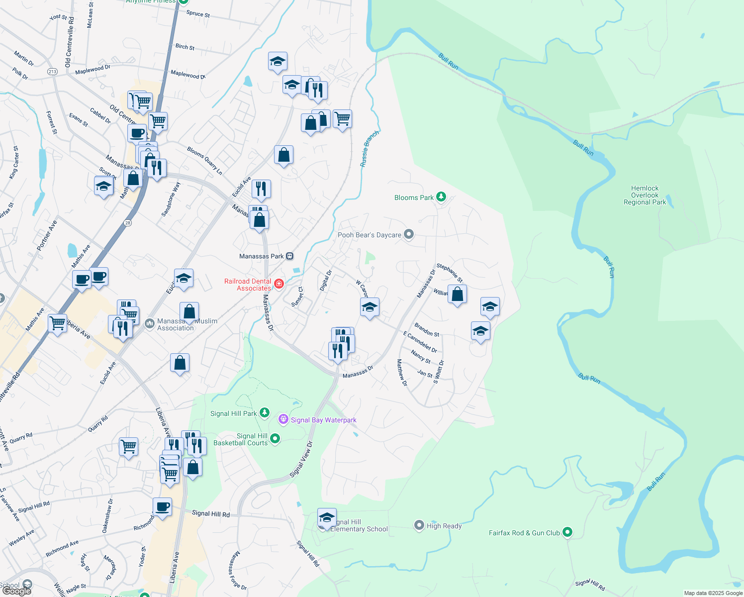 map of restaurants, bars, coffee shops, grocery stores, and more near 9410 Black Hawk Court in Manassas Park