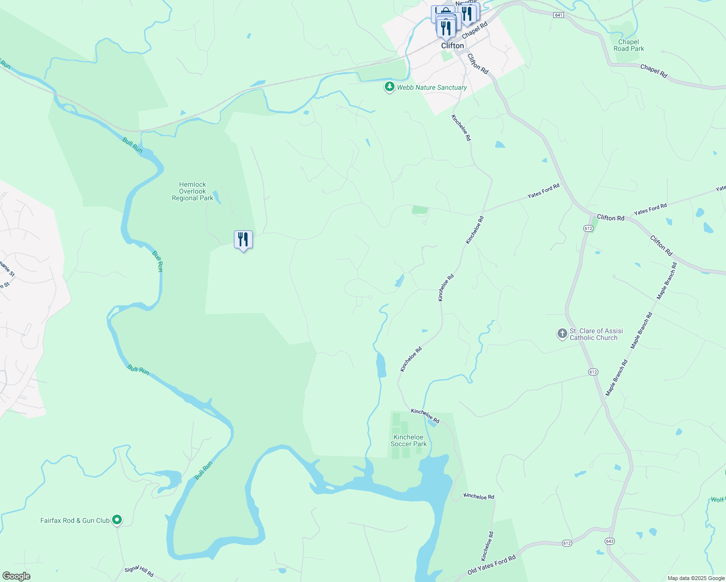 map of restaurants, bars, coffee shops, grocery stores, and more near 12965 Wyckland Drive in Clifton