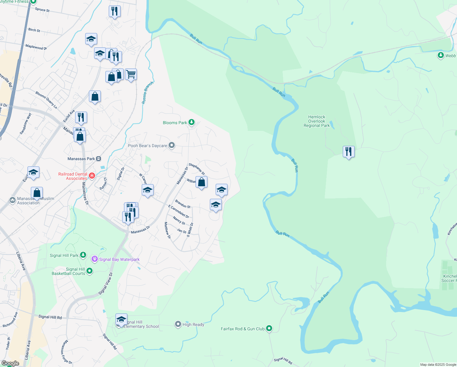 map of restaurants, bars, coffee shops, grocery stores, and more near 9302 Cougar Ct in Manassas Park