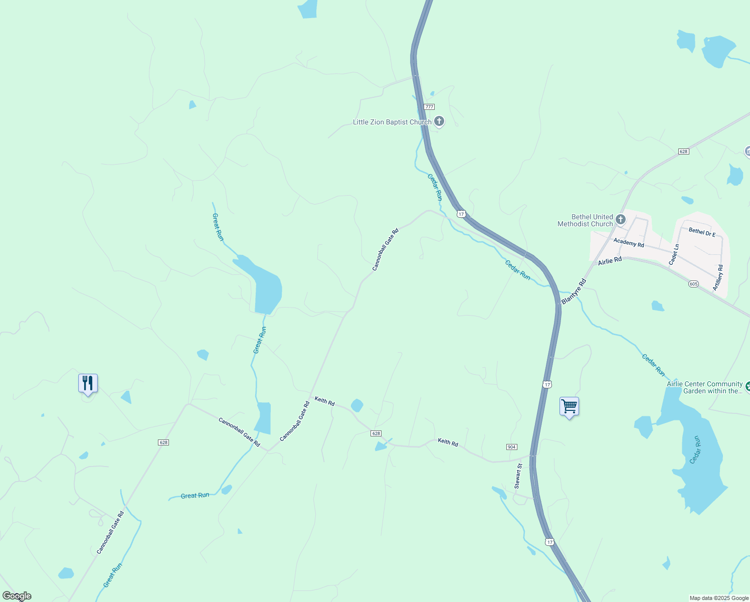 map of restaurants, bars, coffee shops, grocery stores, and more near 7617 Cannonball Gate Road in Warrenton