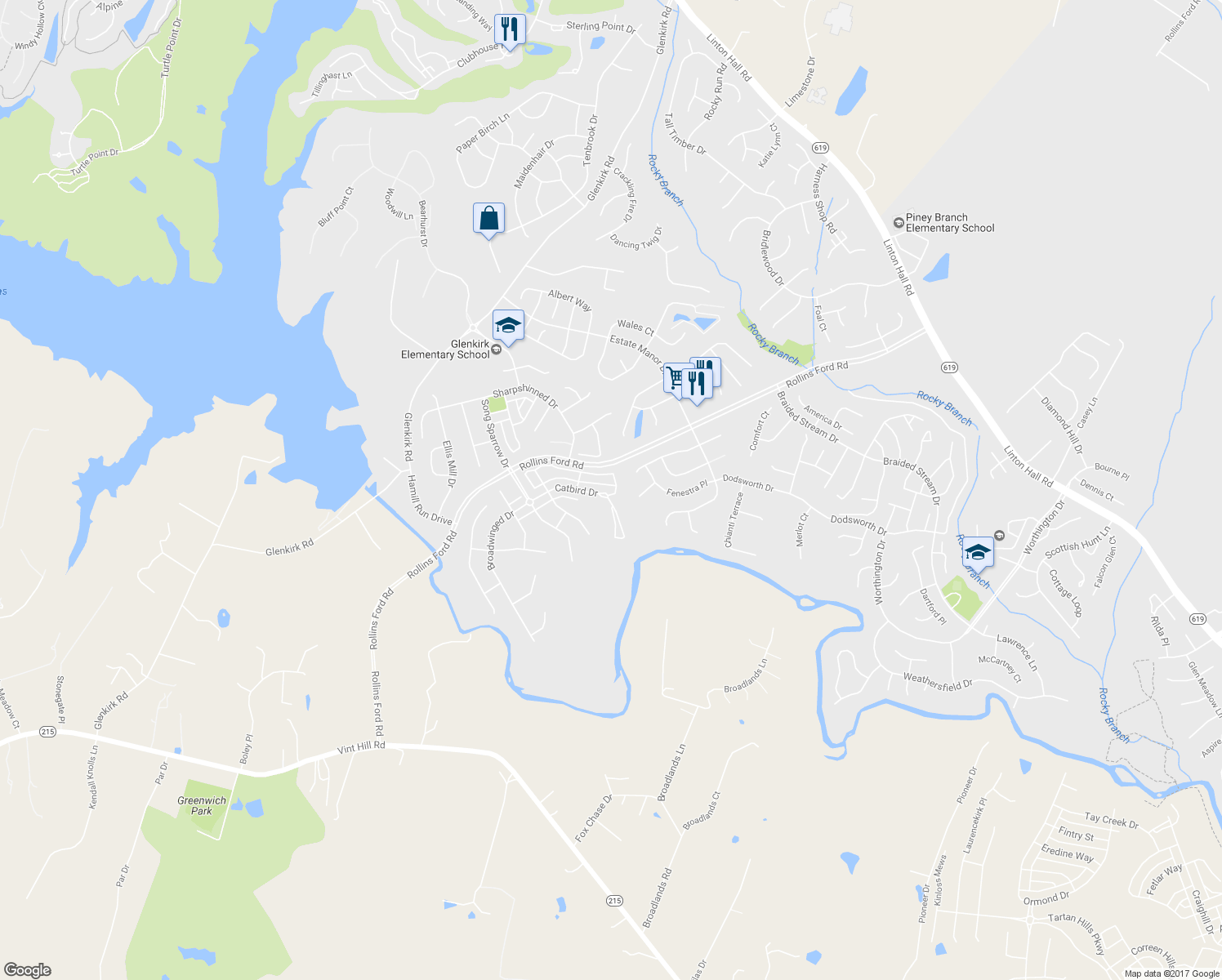 map of restaurants, bars, coffee shops, grocery stores, and more near 14180 Catbird Drive in Gainesville