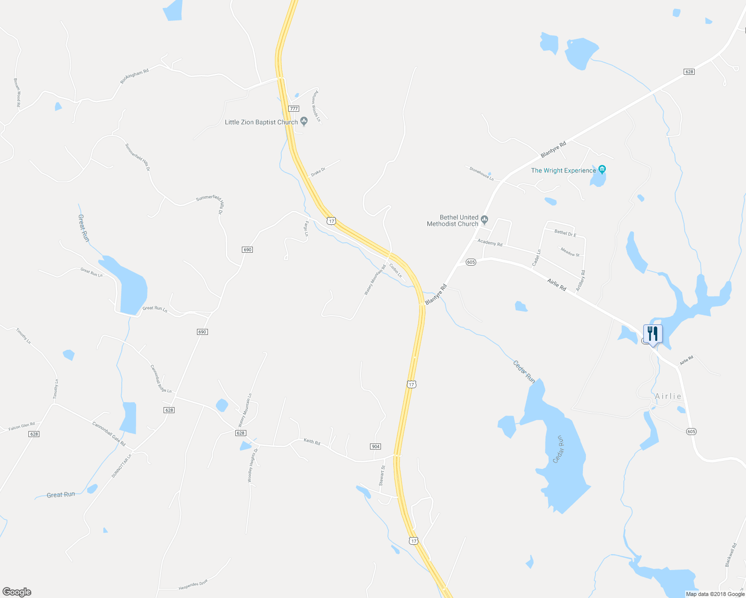 map of restaurants, bars, coffee shops, grocery stores, and more near 6529 Watery Mountain Road in Warrenton