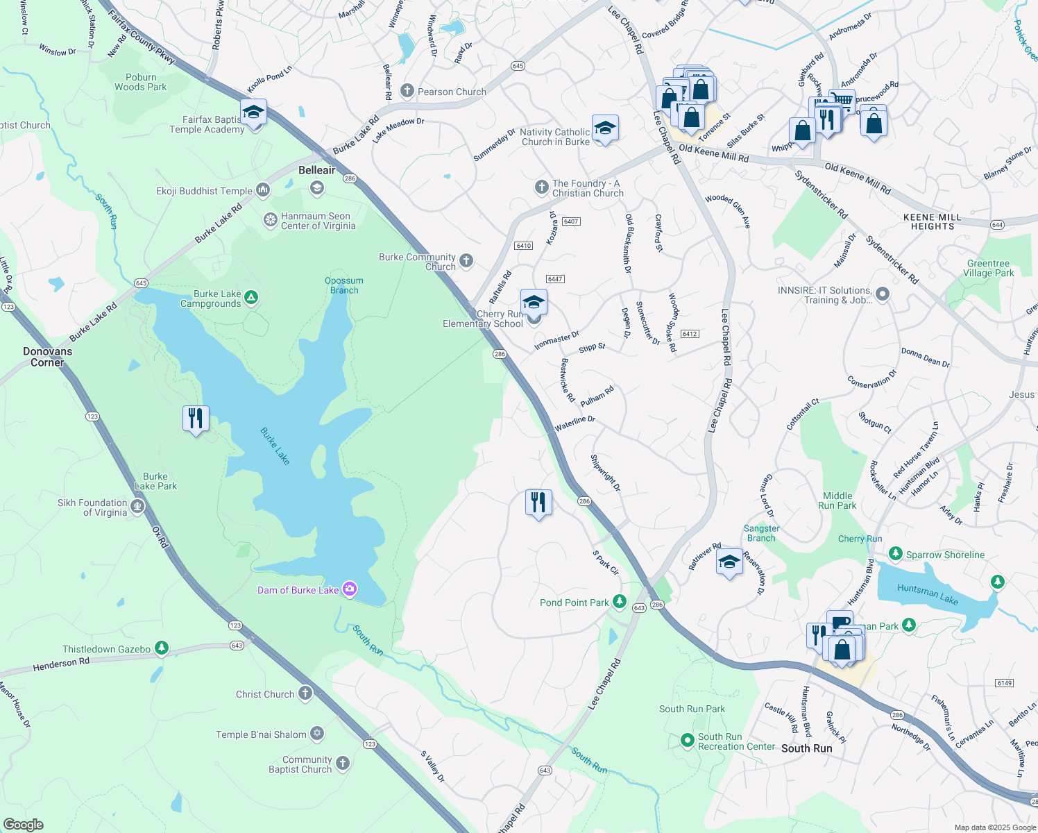map of restaurants, bars, coffee shops, grocery stores, and more near 9806 Portside Drive in Burke