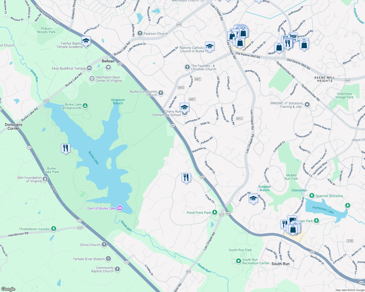 map of restaurants, bars, coffee shops, grocery stores, and more near 9808 Portside Drive in Burke