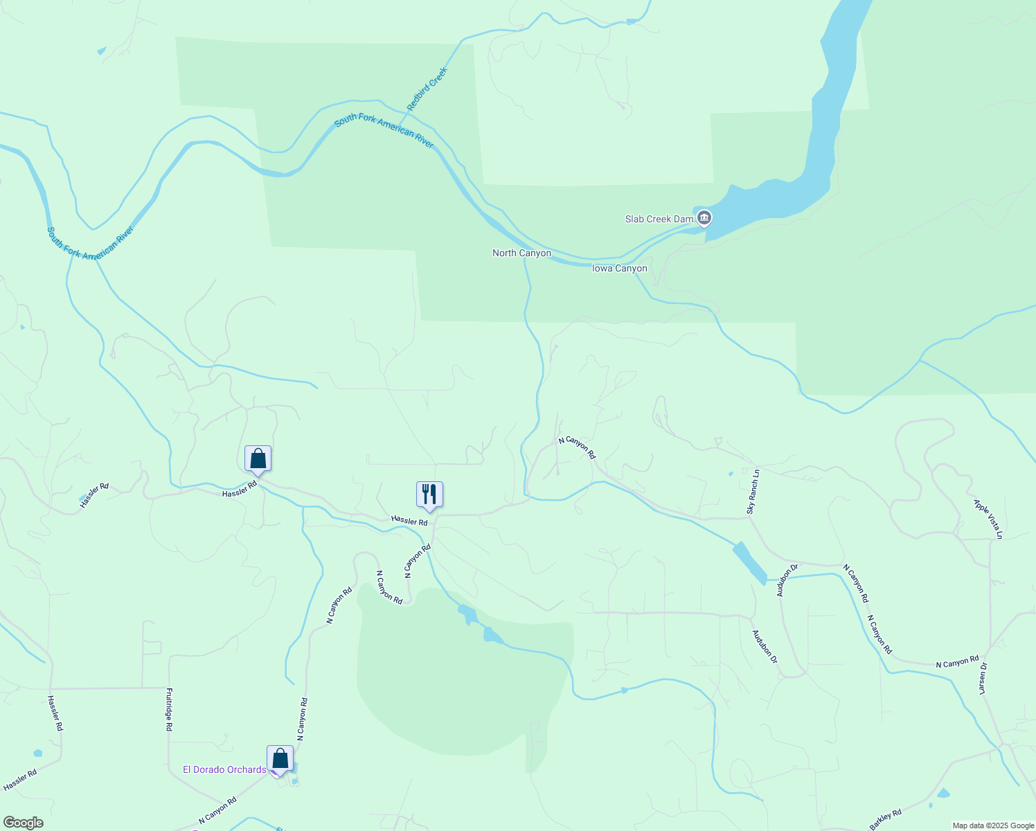 map of restaurants, bars, coffee shops, grocery stores, and more near 4001 Roadrunner Lane in Camino