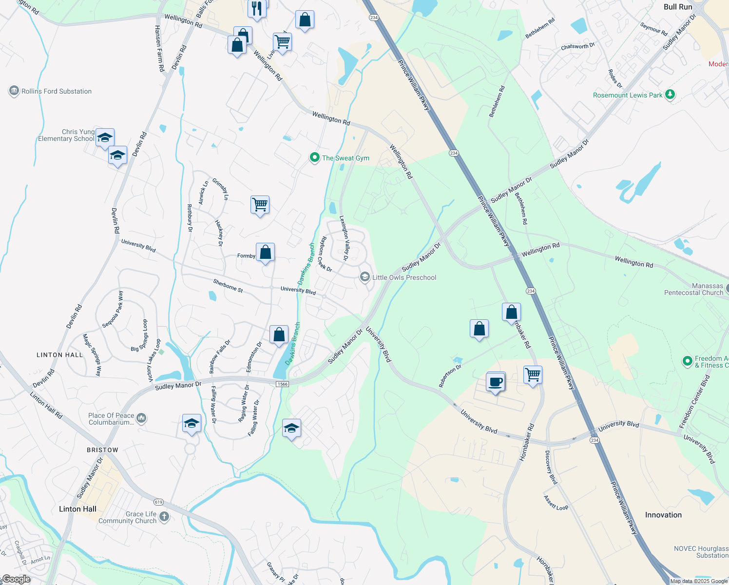 map of restaurants, bars, coffee shops, grocery stores, and more near 8950 Hanson Grove Court in Manassas