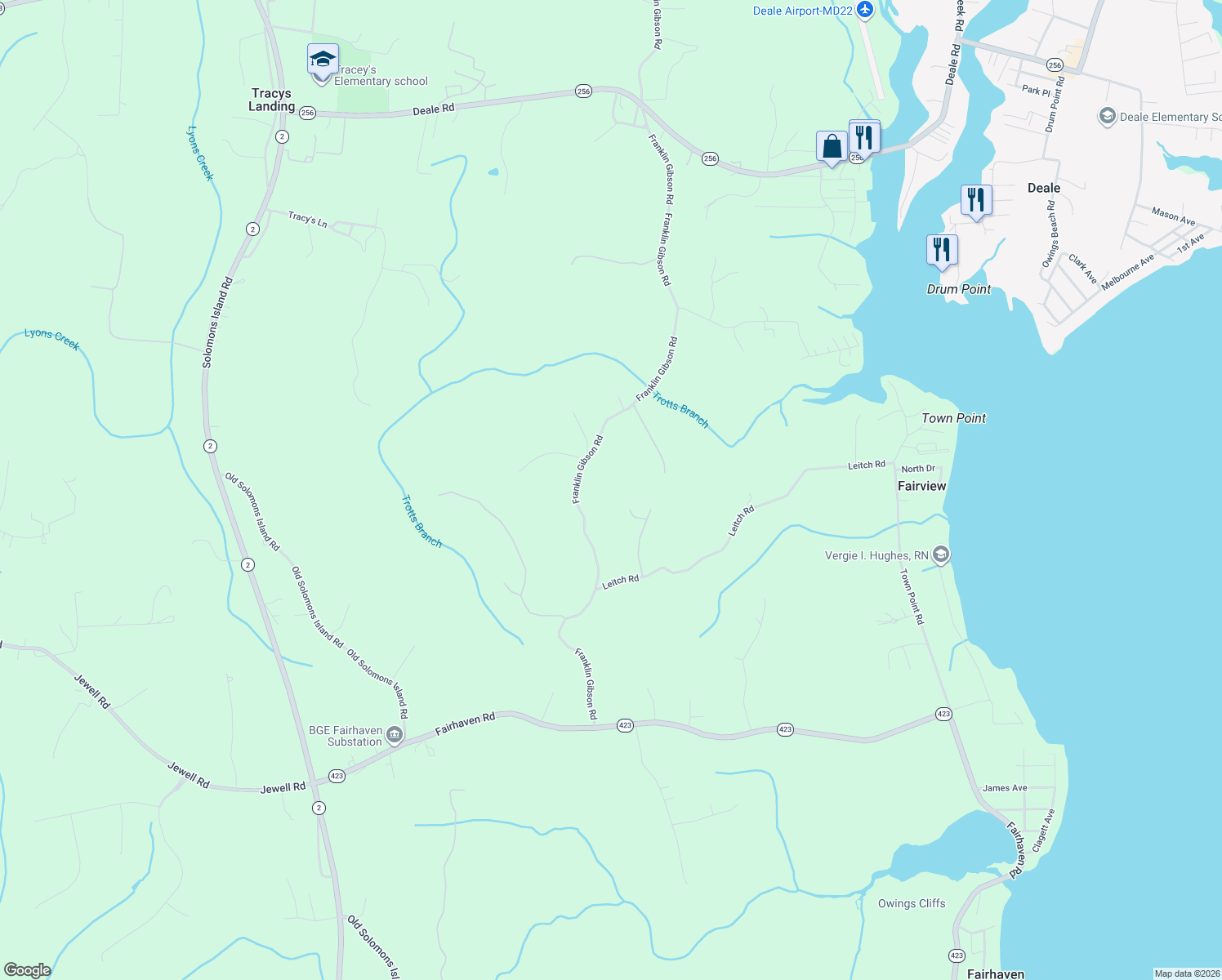 map of restaurants, bars, coffee shops, grocery stores, and more near 6281 Franklin Gibson Road in Tracys Landing