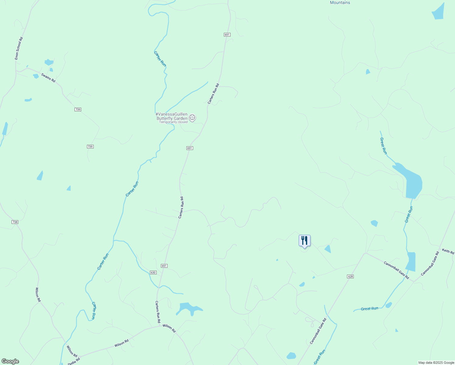 map of restaurants, bars, coffee shops, grocery stores, and more near 6531 Carters Run Road in Marshall