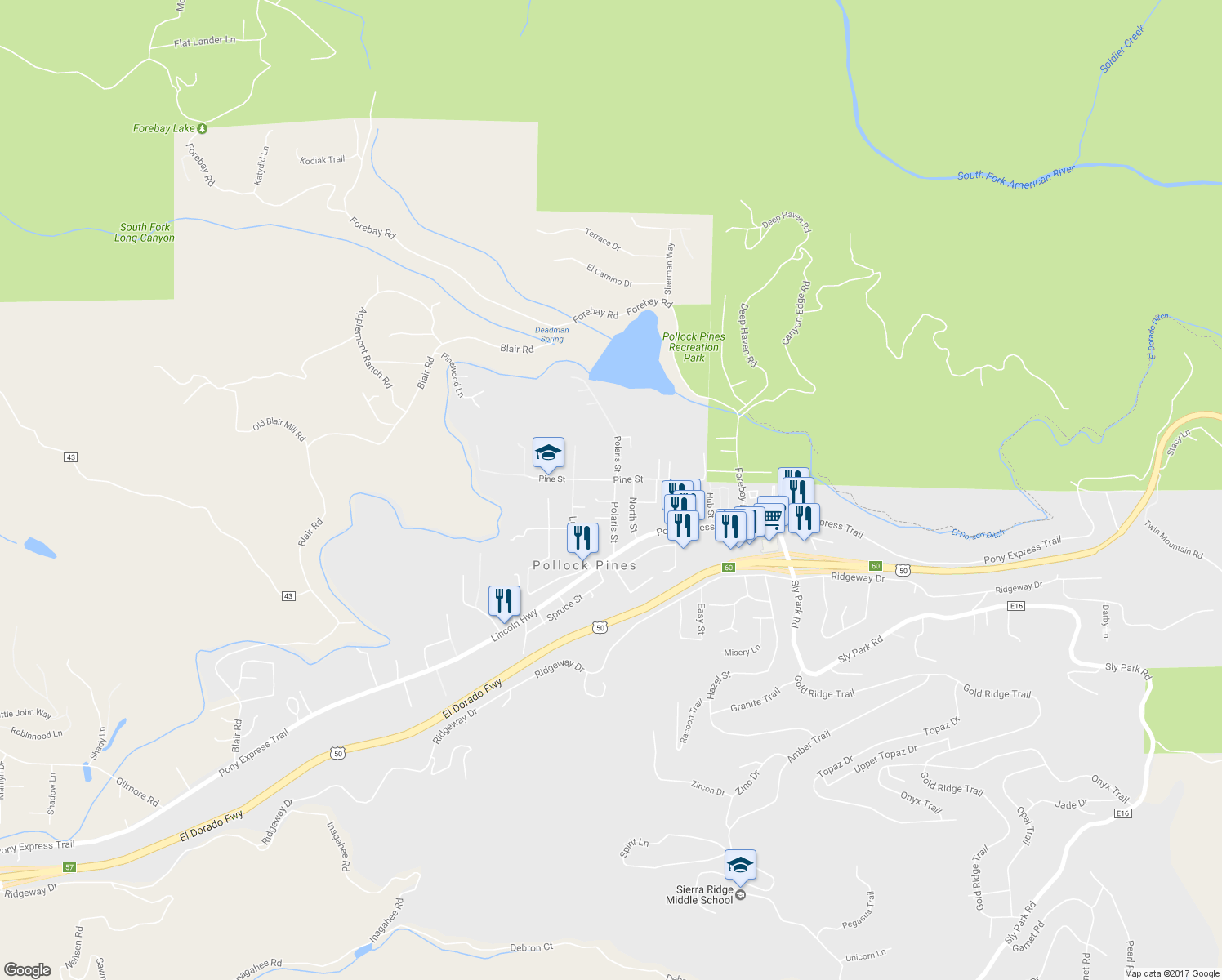 map of restaurants, bars, coffee shops, grocery stores, and more near 2870 Polaris Street in Pollock Pines