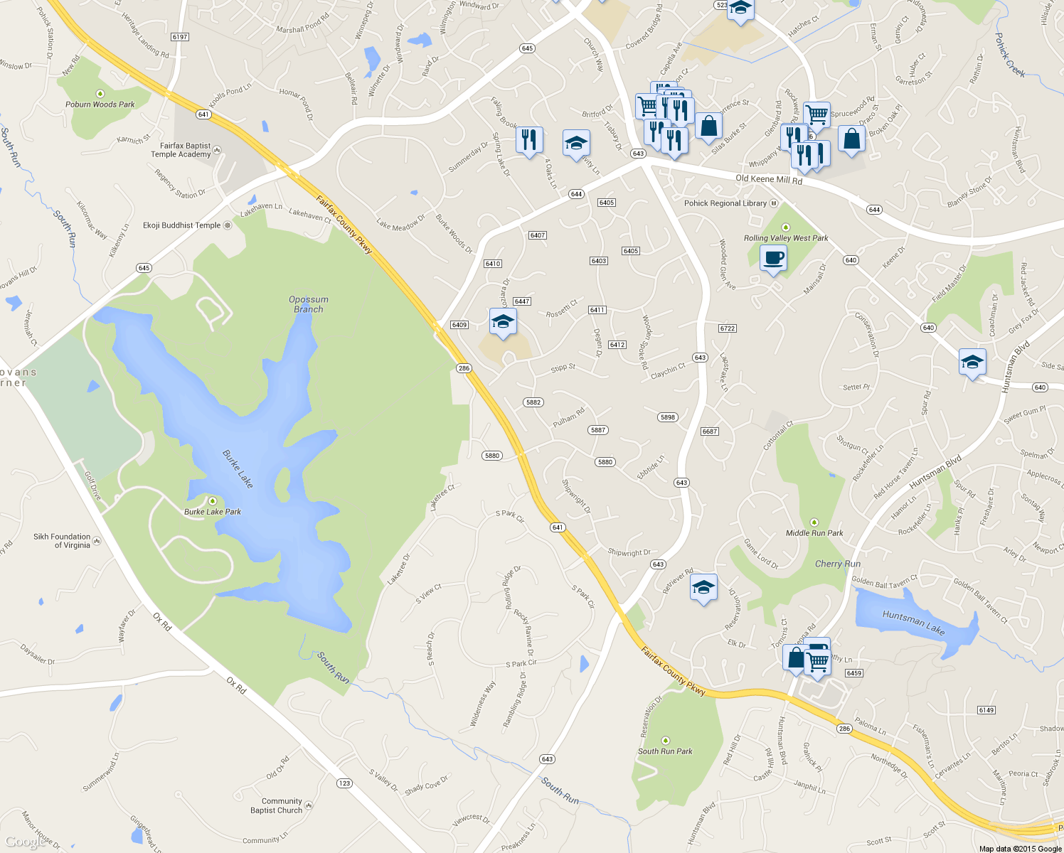 map of restaurants, bars, coffee shops, grocery stores, and more near 6619 Bestwicke Court in Burke