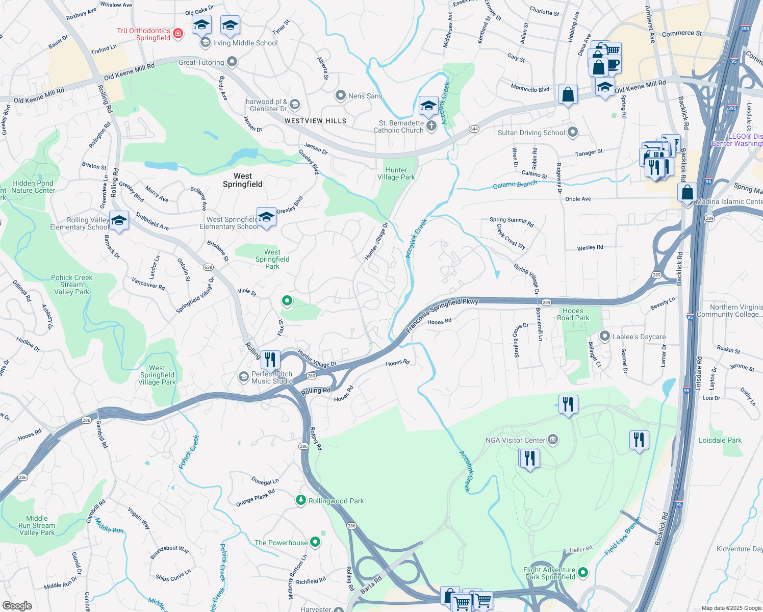 map of restaurants, bars, coffee shops, grocery stores, and more near 7707 Jewelweed Ct in Springfield