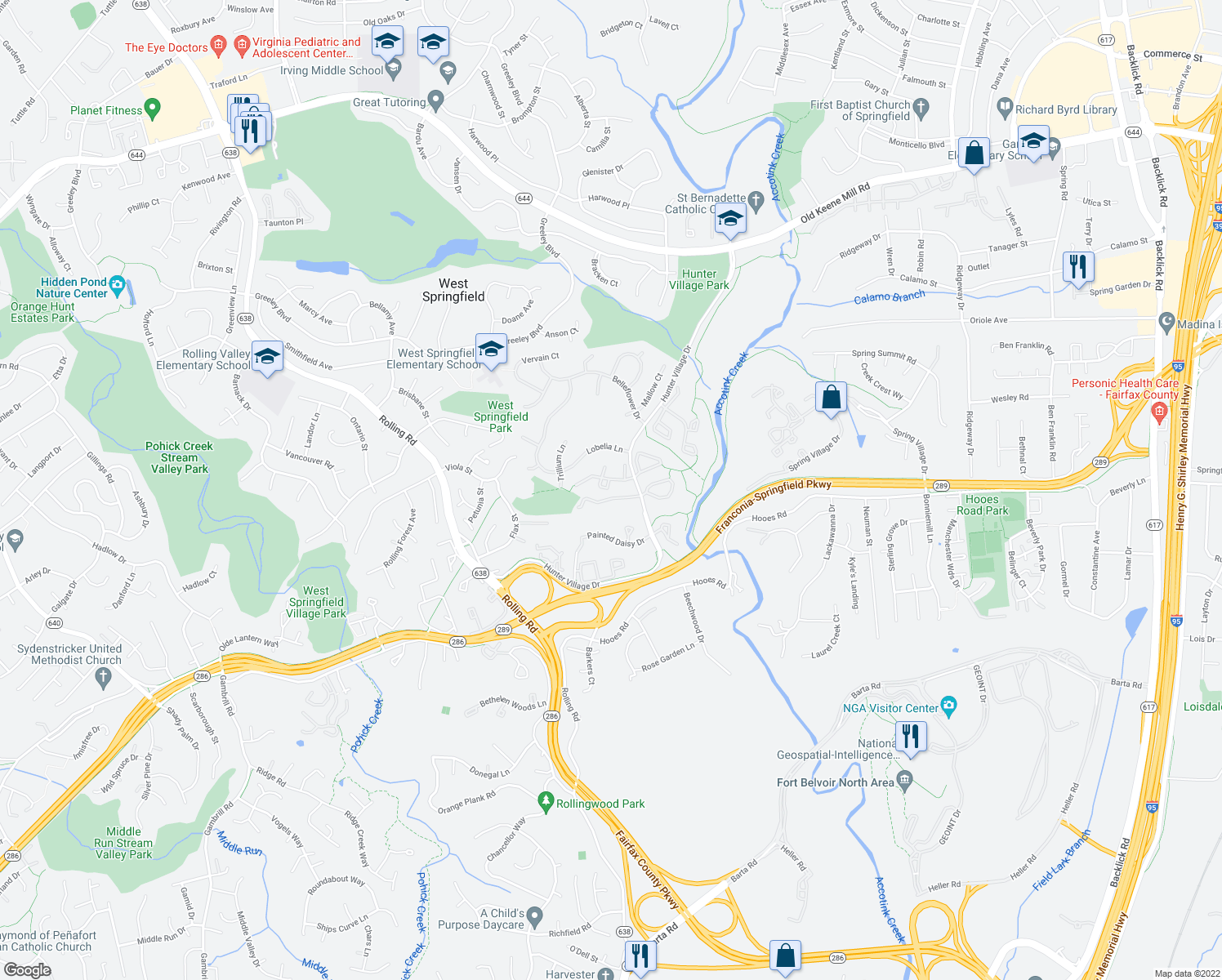 map of restaurants, bars, coffee shops, grocery stores, and more near 7084 Solomon Seal Ct in Springfield