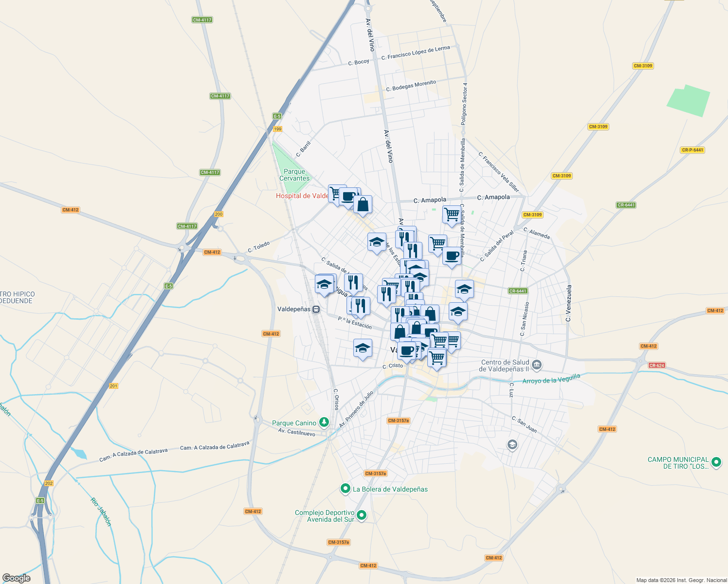 map of restaurants, bars, coffee shops, grocery stores, and more near 107 Calle Torrecilla in Valdepeñas
