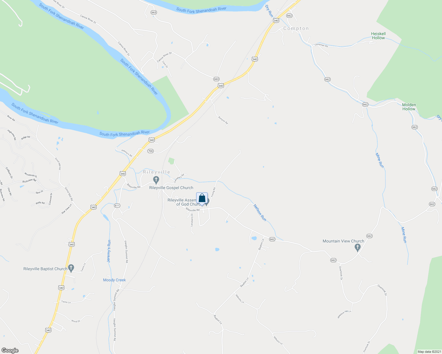 map of restaurants, bars, coffee shops, grocery stores, and more near Young Road in Rileyville