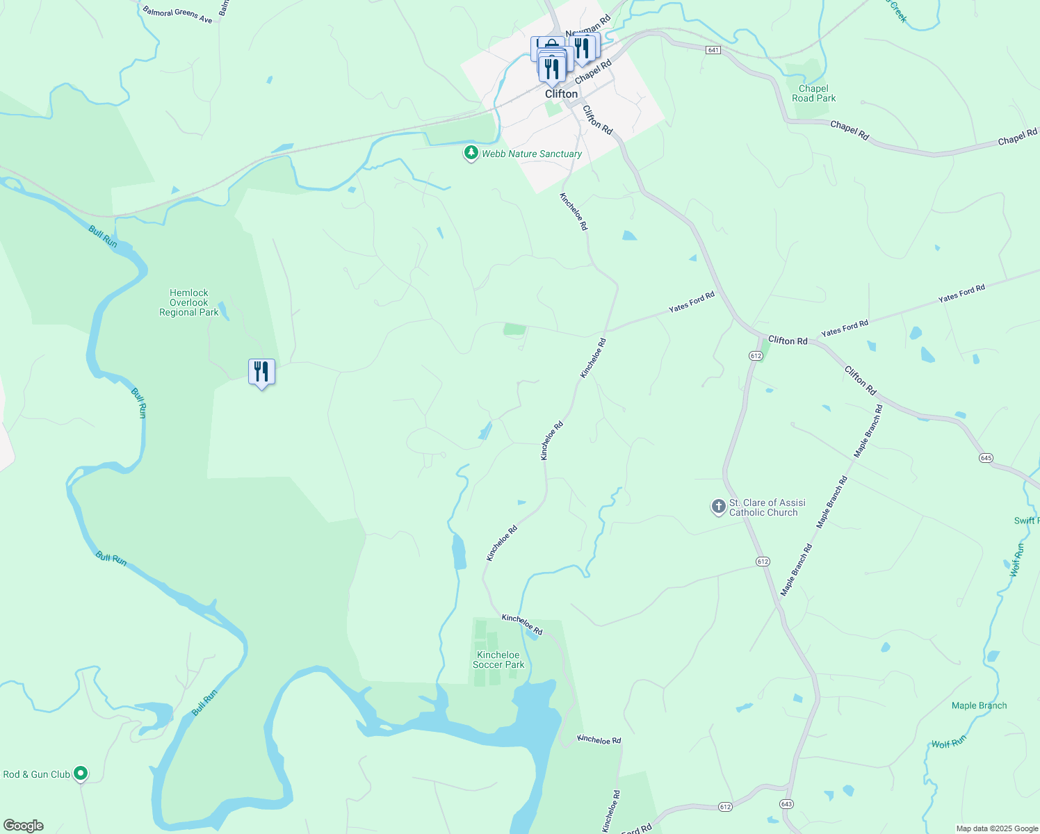 map of restaurants, bars, coffee shops, grocery stores, and more near 12810 Wyckland Drive in Clifton