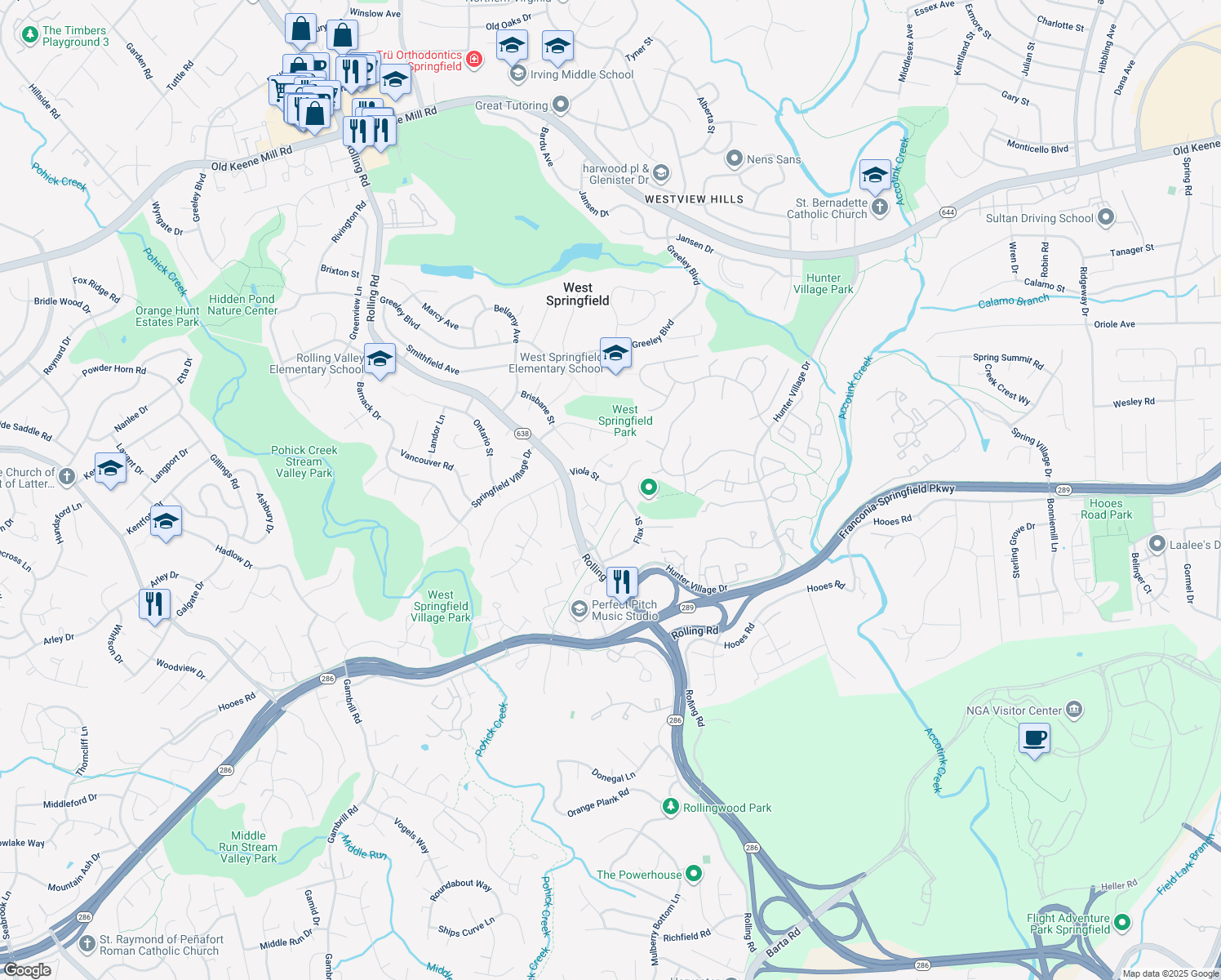 map of restaurants, bars, coffee shops, grocery stores, and more near 7001 Petunia St in Springfield
