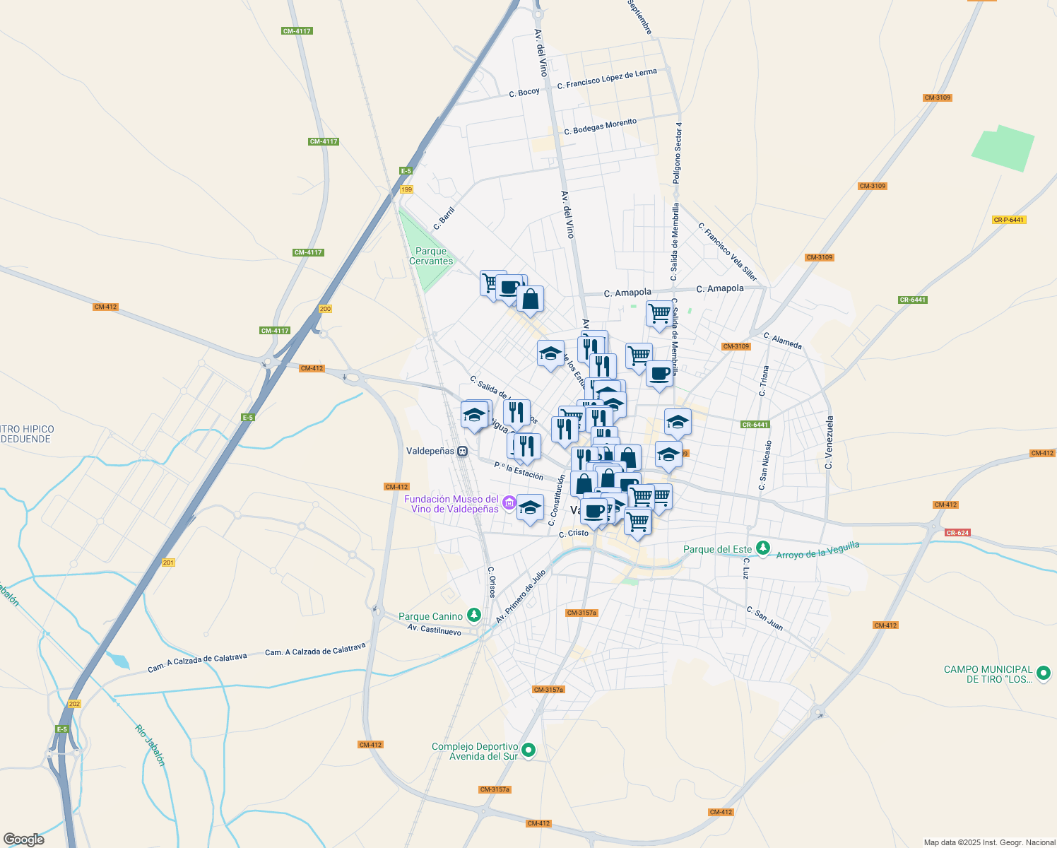 map of restaurants, bars, coffee shops, grocery stores, and more near 107 Calle Torrecilla in Valdepeñas