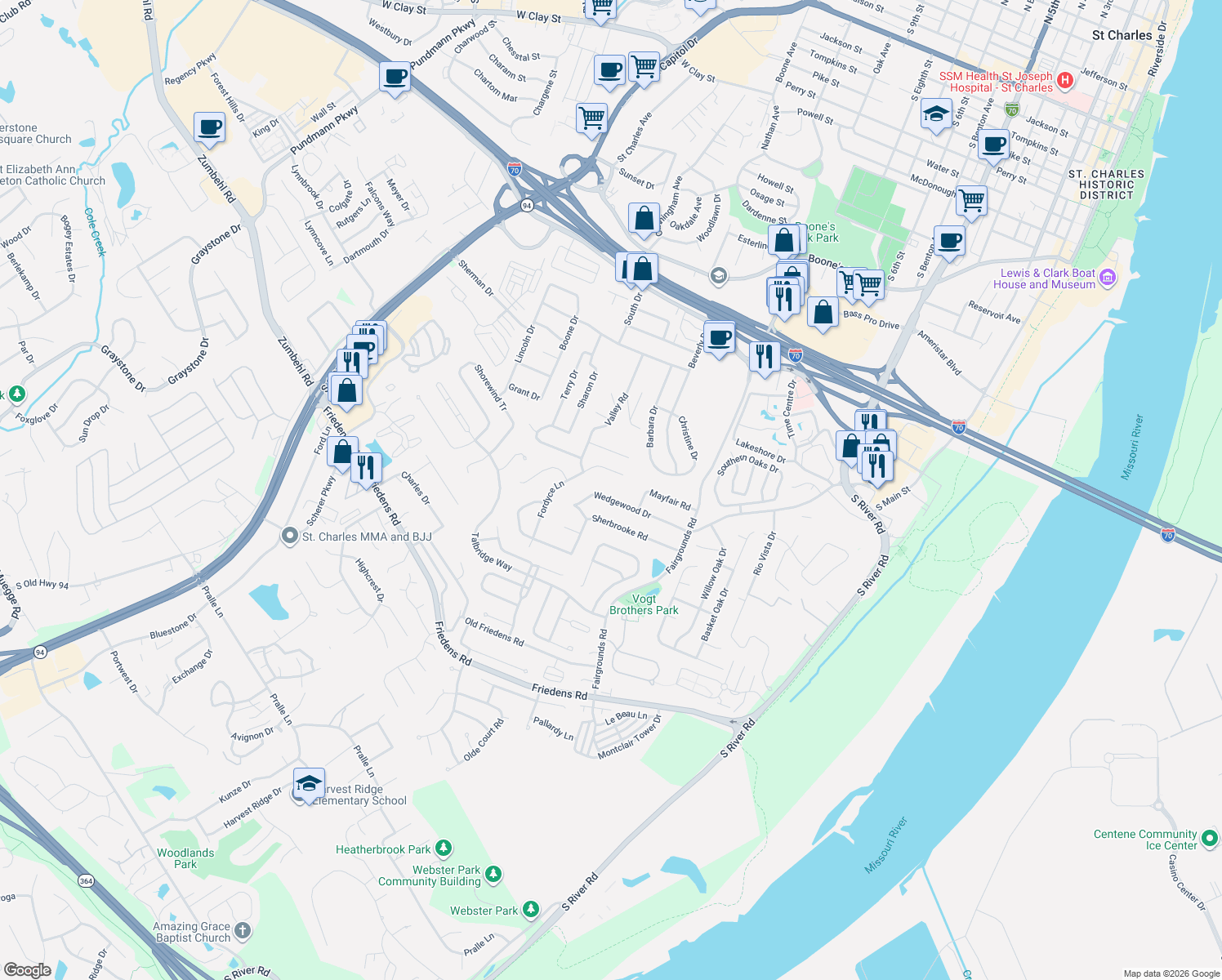 map of restaurants, bars, coffee shops, grocery stores, and more near 1122 Wedgewood Drive in Saint Charles