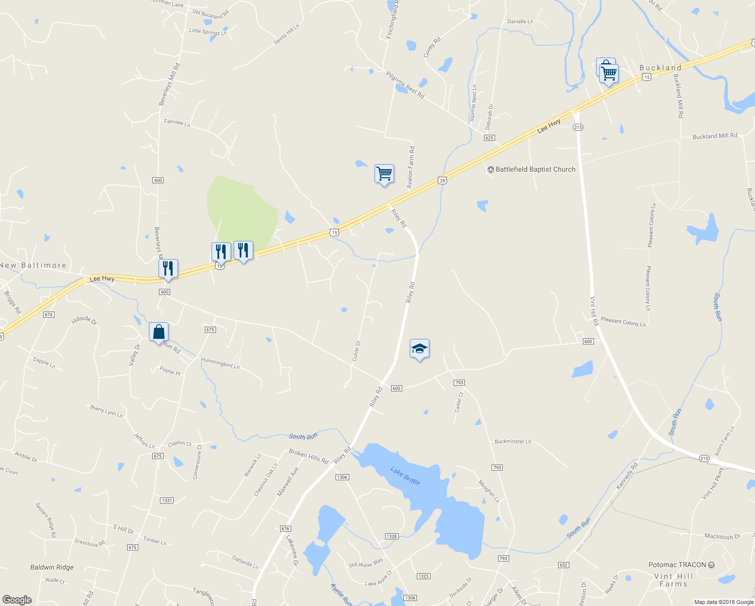 map of restaurants, bars, coffee shops, grocery stores, and more near 6497 Culver Drive in Warrenton