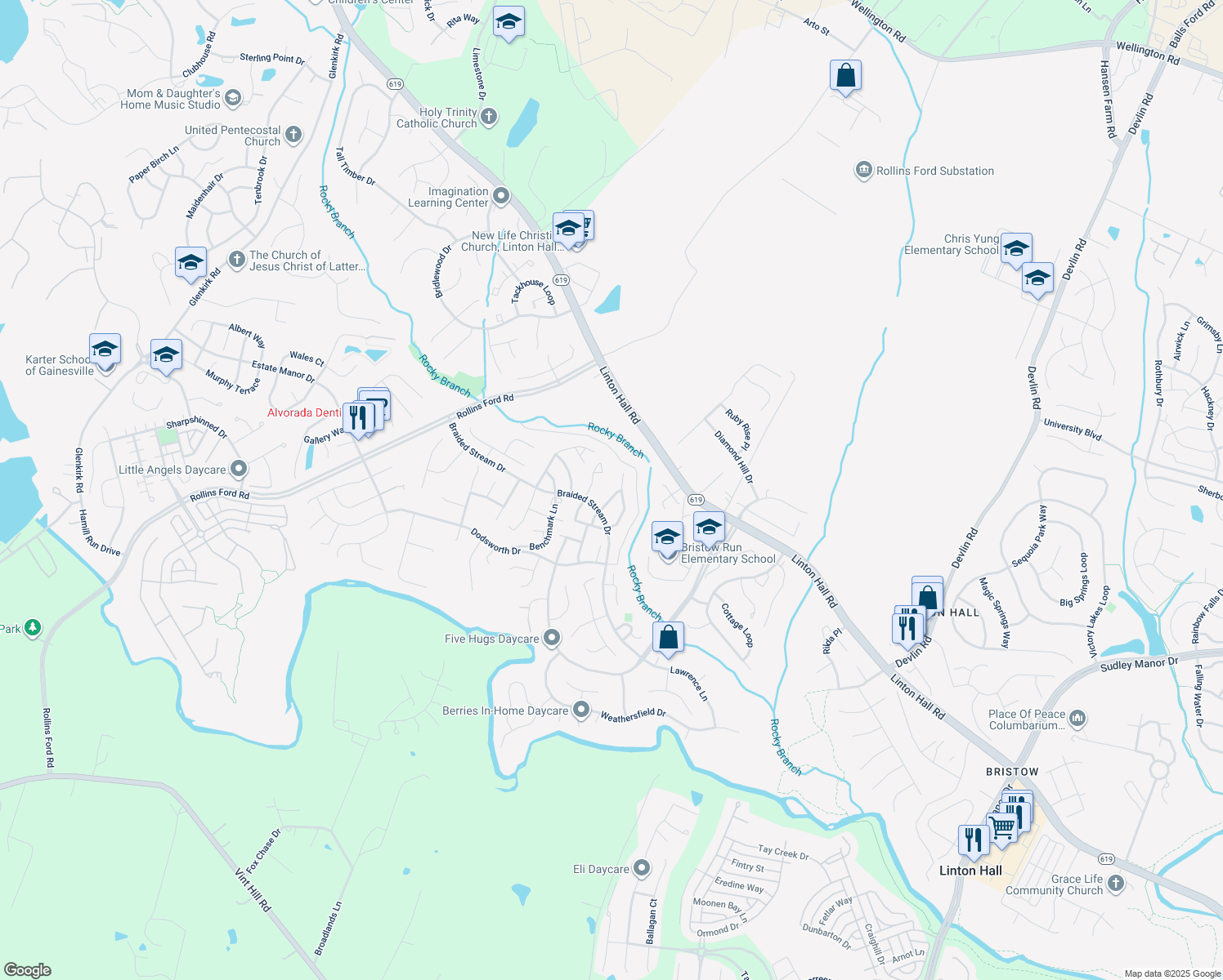 map of restaurants, bars, coffee shops, grocery stores, and more near 13406 Catapult Lane in Bristow