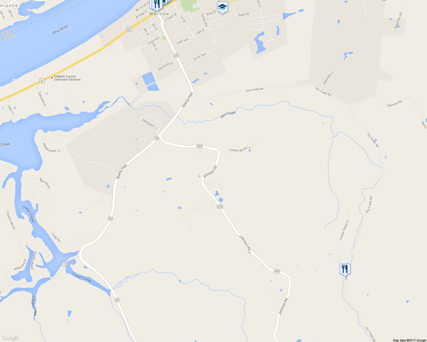 map of restaurants, bars, coffee shops, grocery stores, and more near 107 Johnson Road in Warsaw