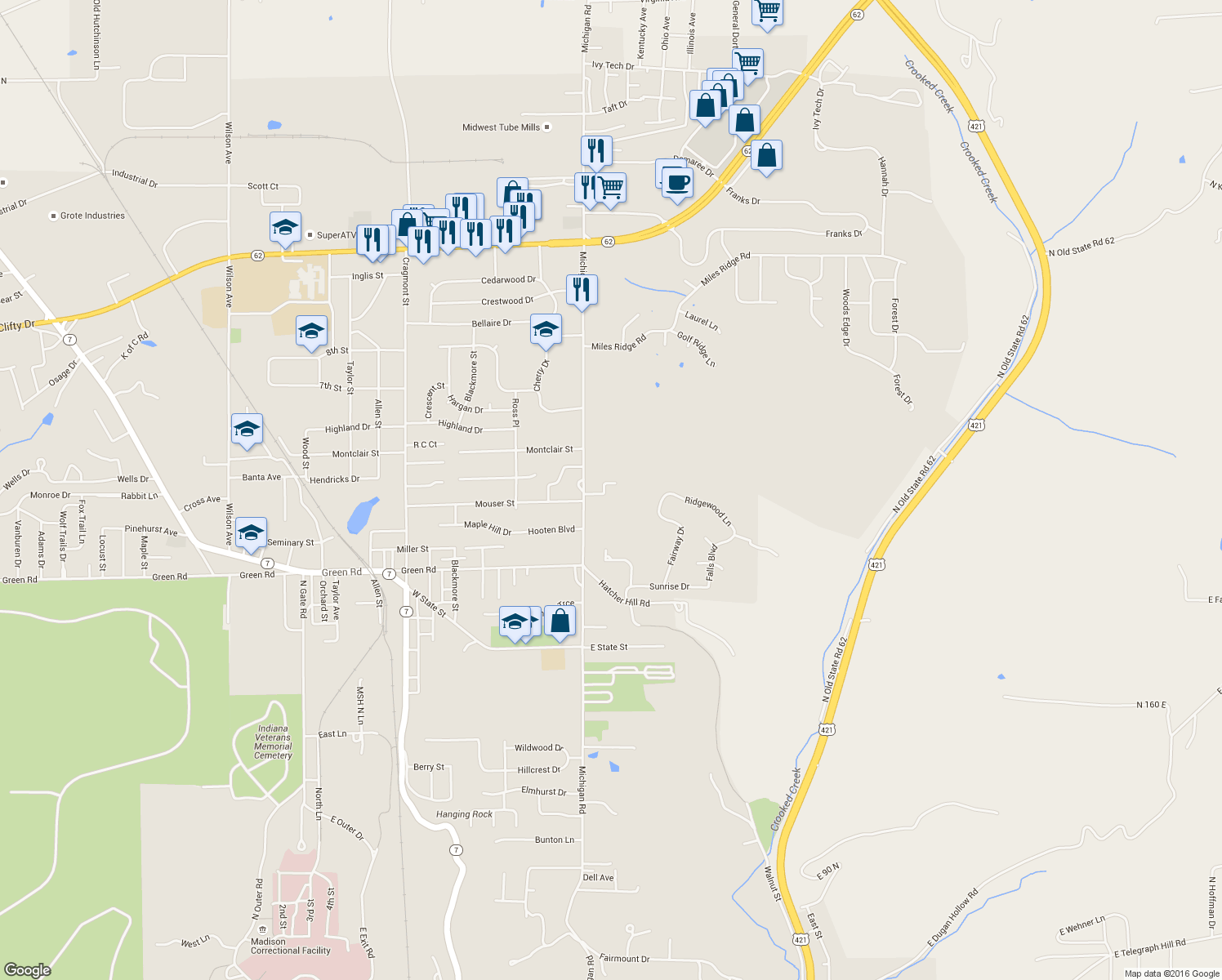 map of restaurants, bars, coffee shops, grocery stores, and more near 2020 Michigan Road in Madison