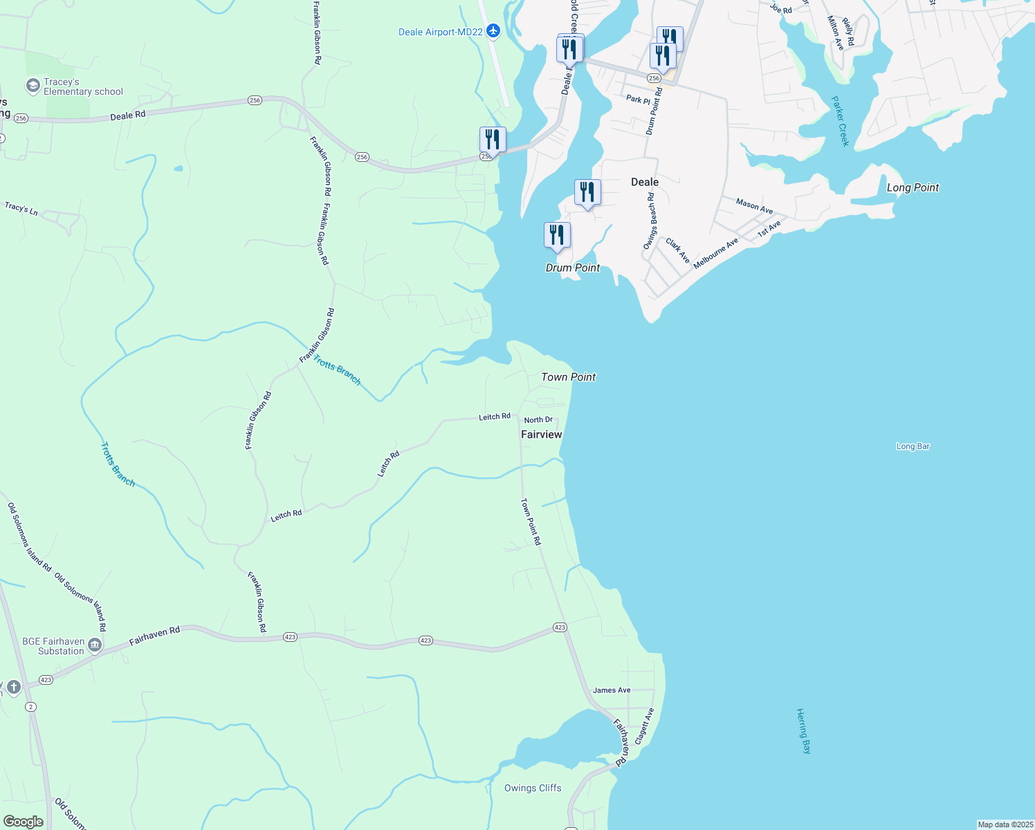 map of restaurants, bars, coffee shops, grocery stores, and more near 291 Leitch Road in Tracys Landing