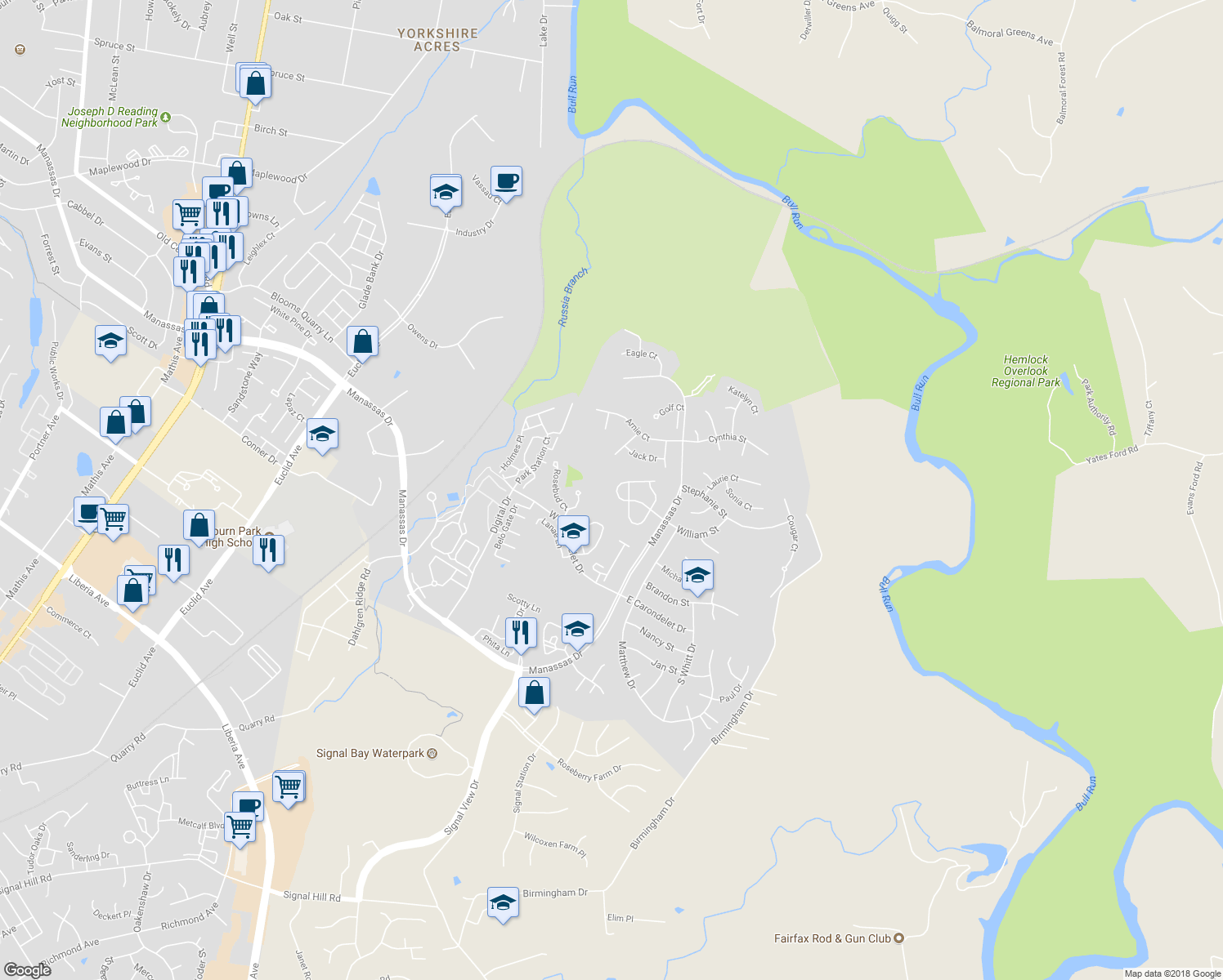 map of restaurants, bars, coffee shops, grocery stores, and more near 9227 Greenshire Drive in Manassas Park