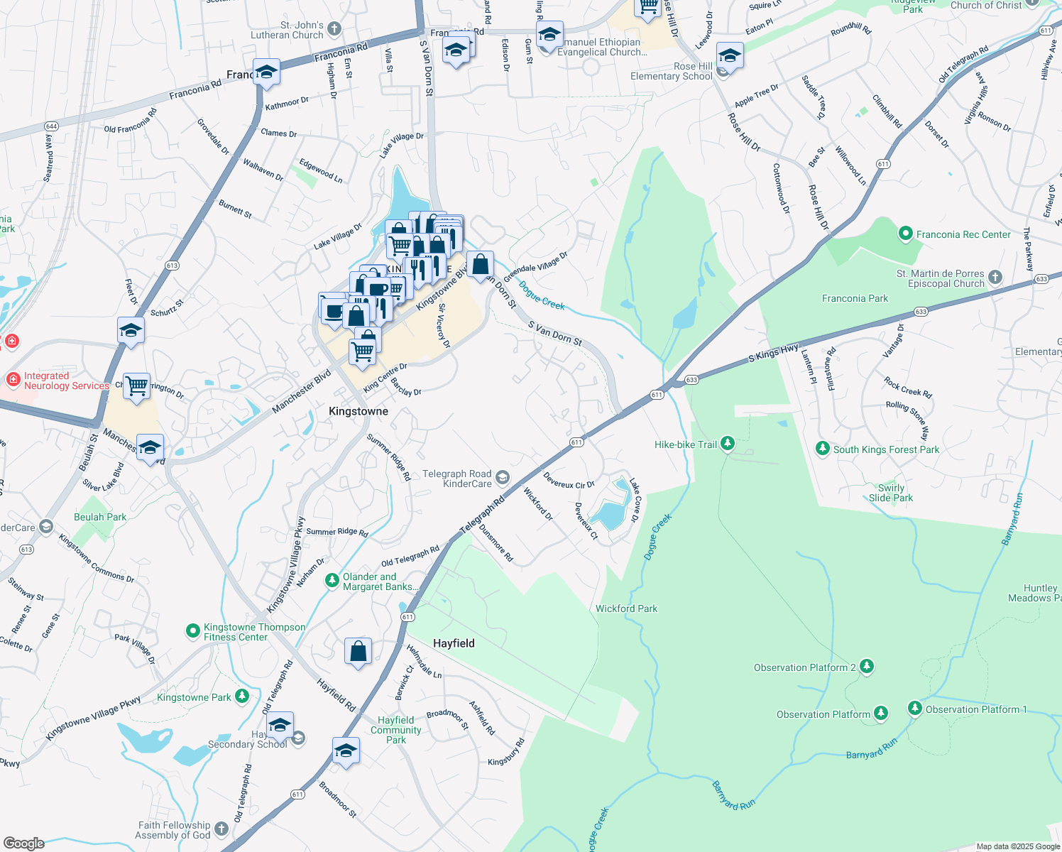 map of restaurants, bars, coffee shops, grocery stores, and more near 7016 Clifton Knoll Ct in Alexandria