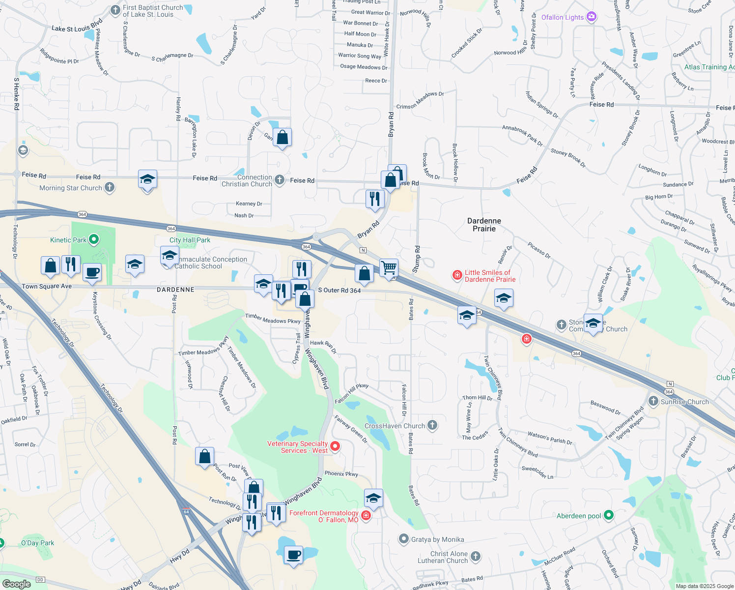 map of restaurants, bars, coffee shops, grocery stores, and more near 7432 Pierside Drive in O'Fallon