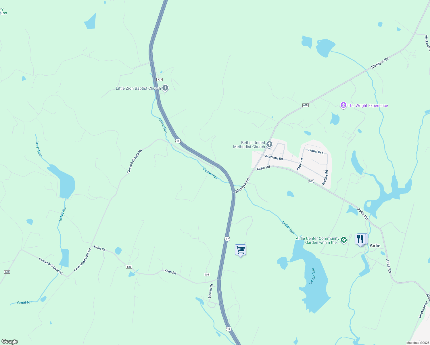 map of restaurants, bars, coffee shops, grocery stores, and more near 6482 Corbin Lane in Warrenton