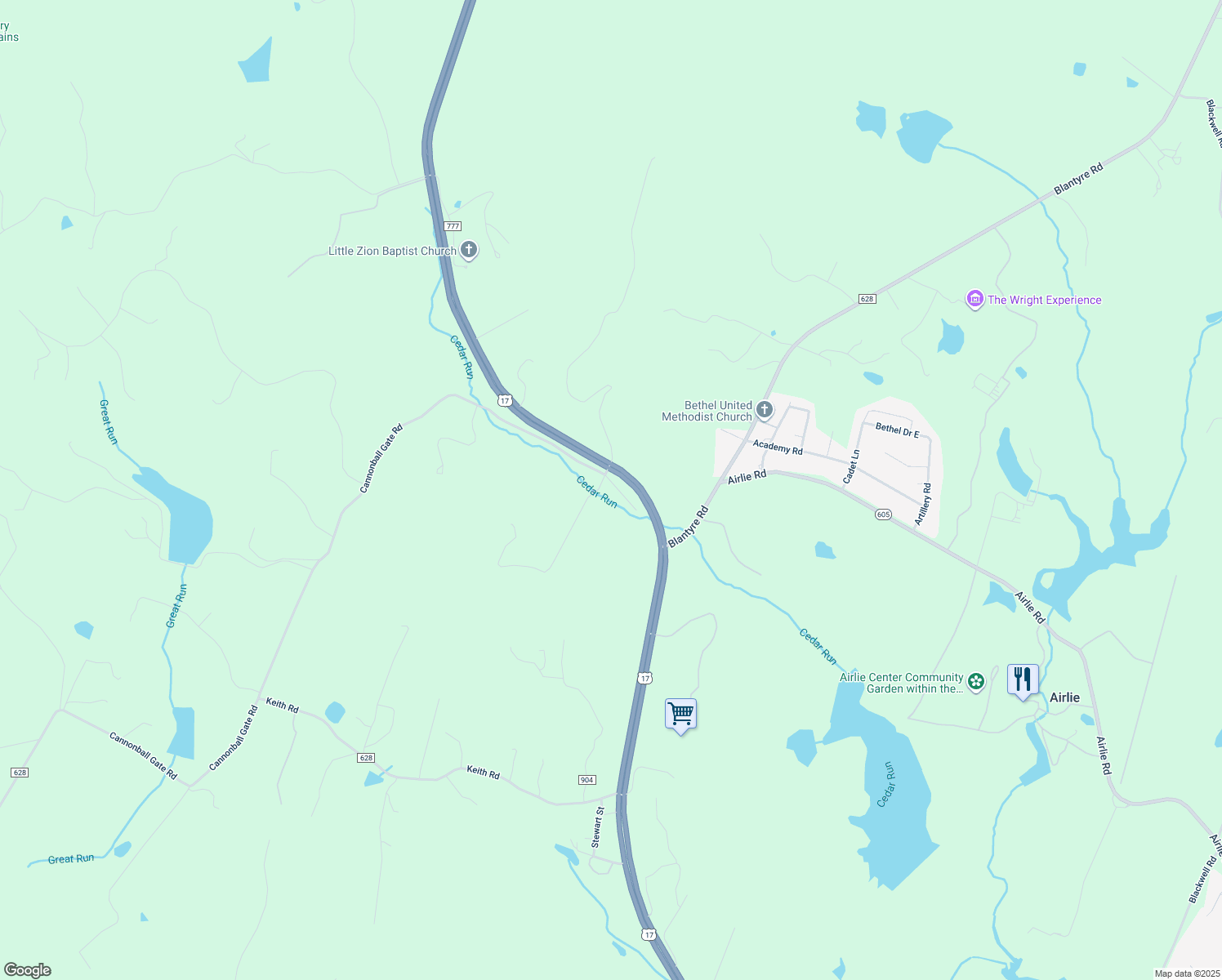 map of restaurants, bars, coffee shops, grocery stores, and more near 6482 Corbin Lane in Warrenton