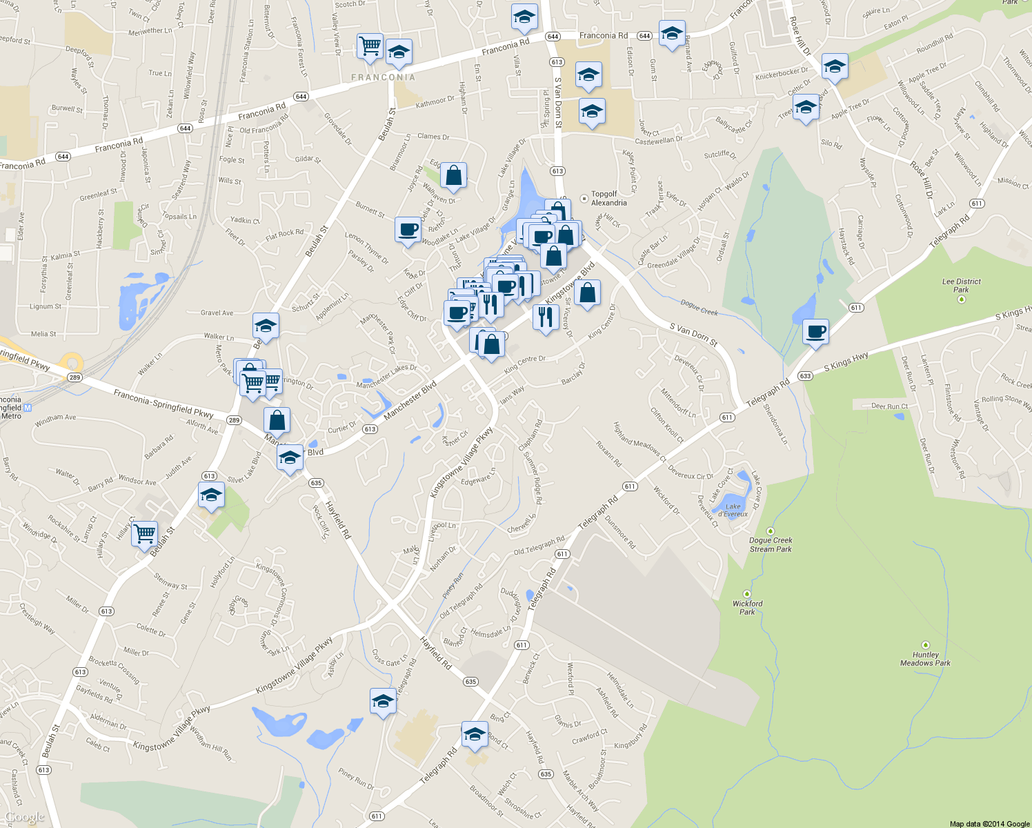map of restaurants, bars, coffee shops, grocery stores, and more near 7017 Kings Manor Drive in Alexandria