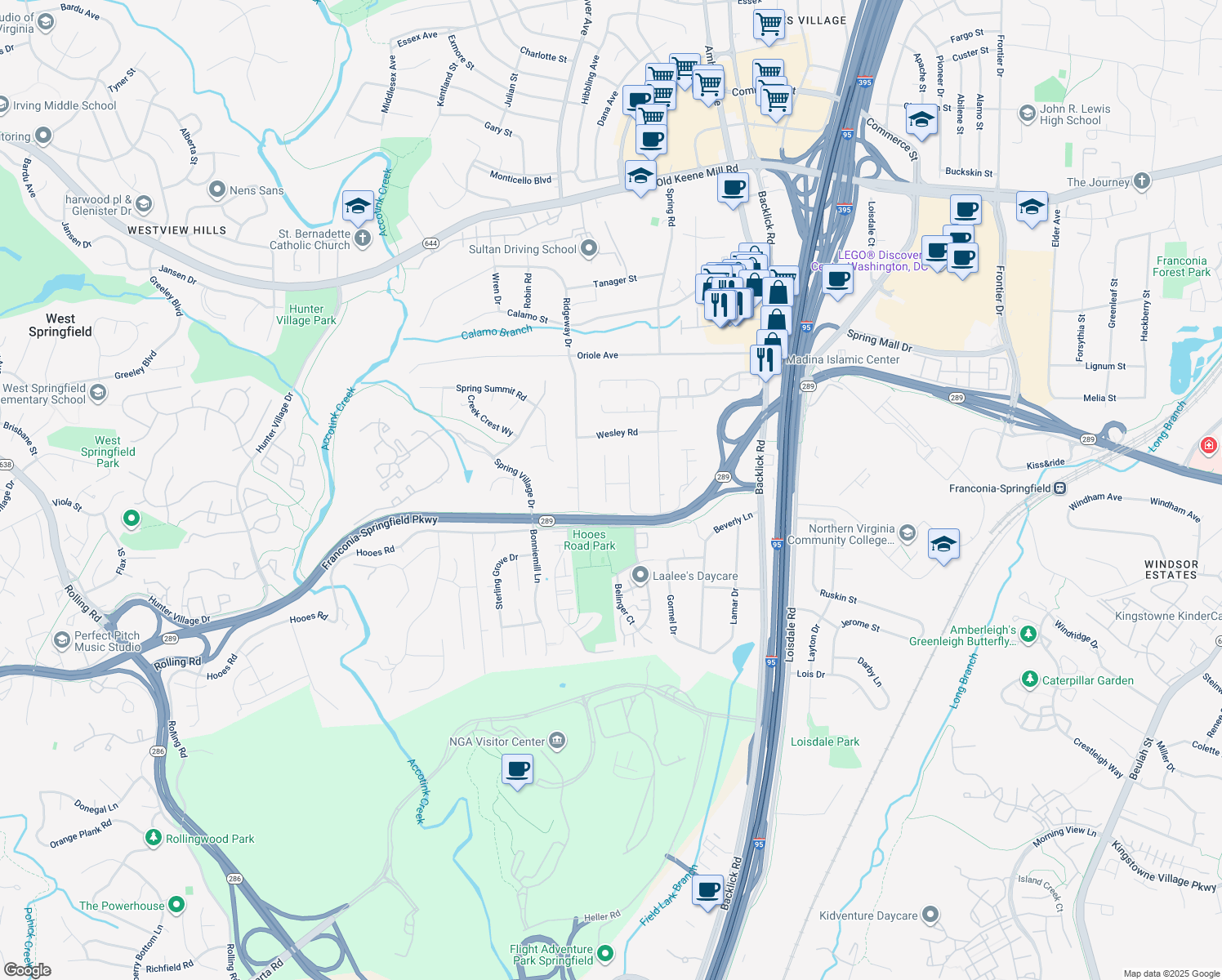 map of restaurants, bars, coffee shops, grocery stores, and more near 7001 Caton Woods Court in Springfield