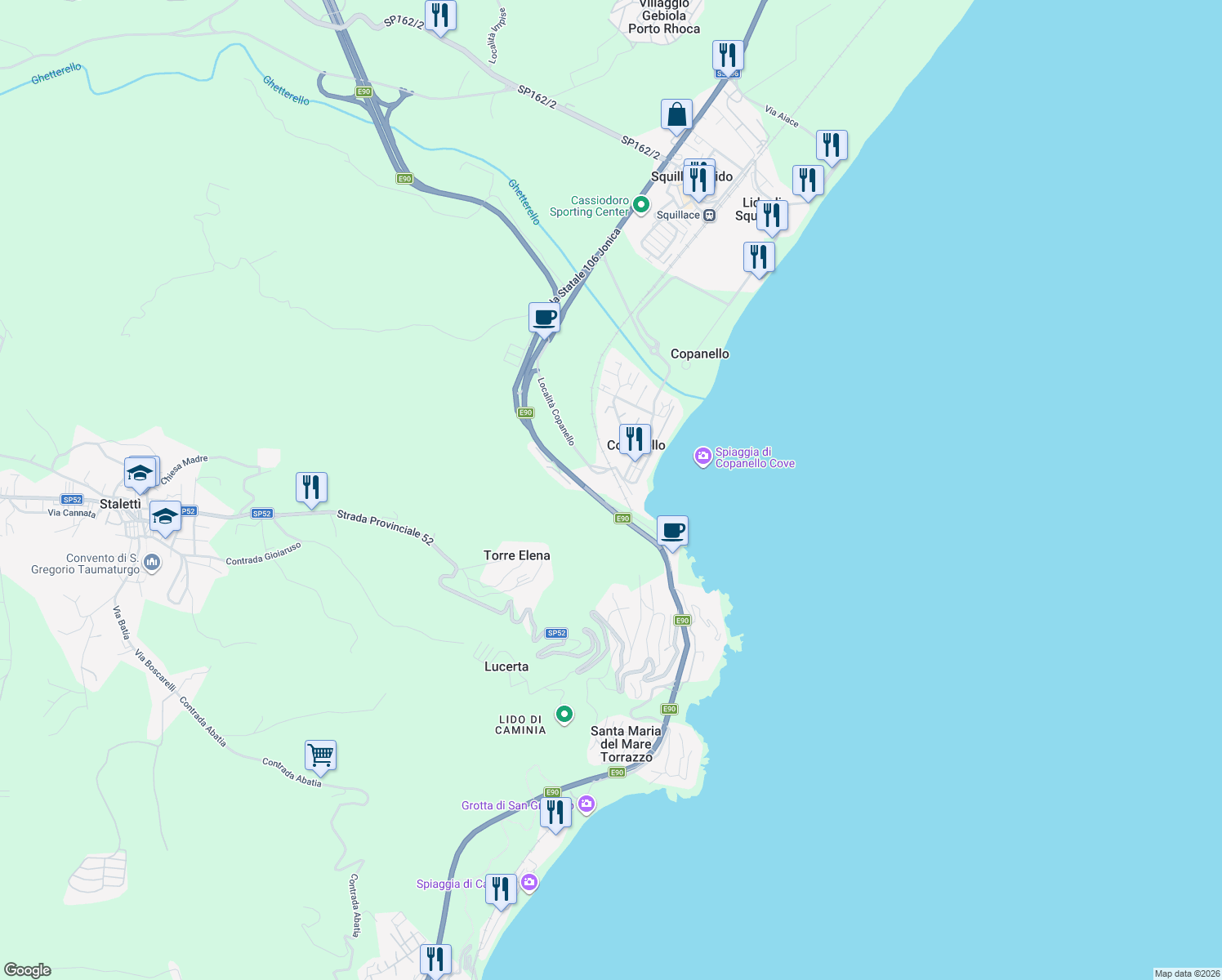 map of restaurants, bars, coffee shops, grocery stores, and more near 17 Galleria Copanello in Provincia di Catanzaro