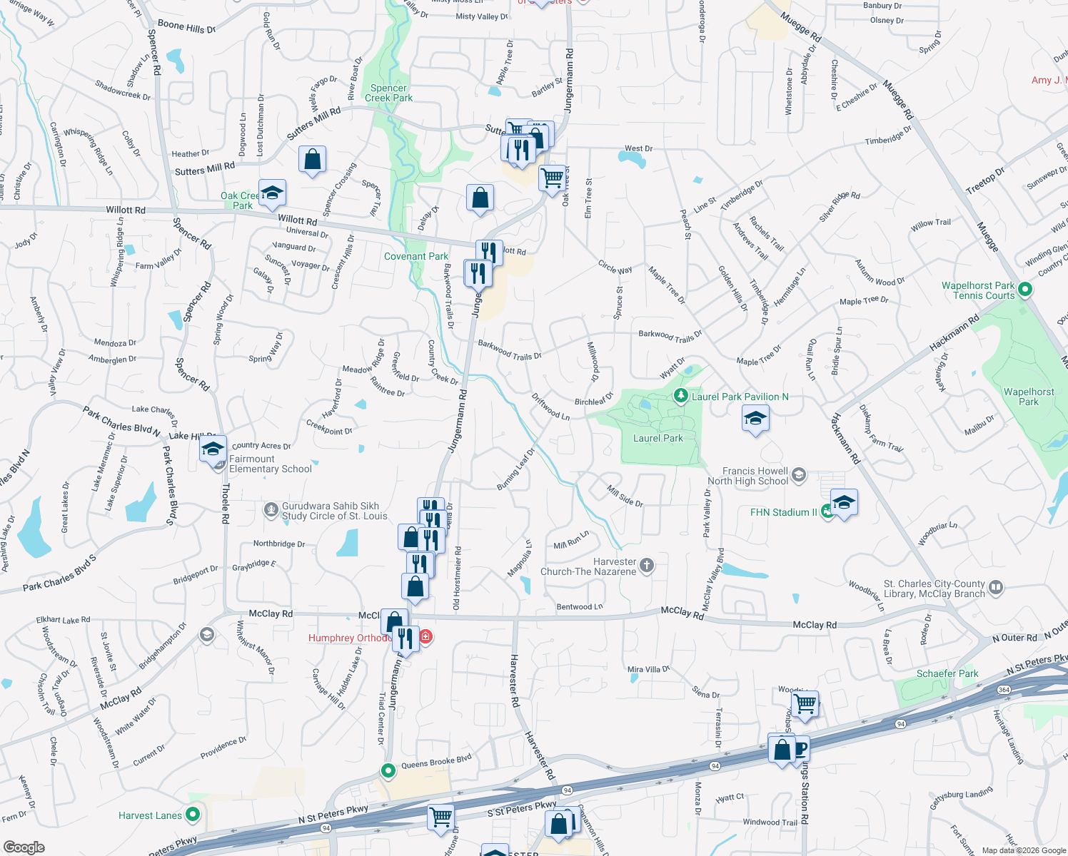 map of restaurants, bars, coffee shops, grocery stores, and more near 207 Birchwood Dr in St Peters